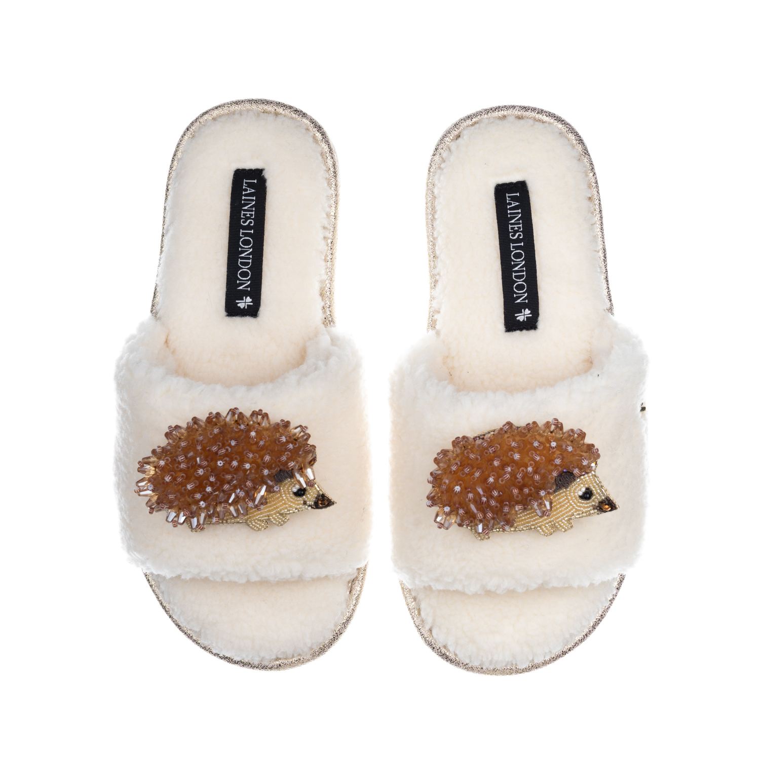 Laines London Women's White Teddy Toweling Slipper Sliders With Double Hedgehog Brooches - Cream In White