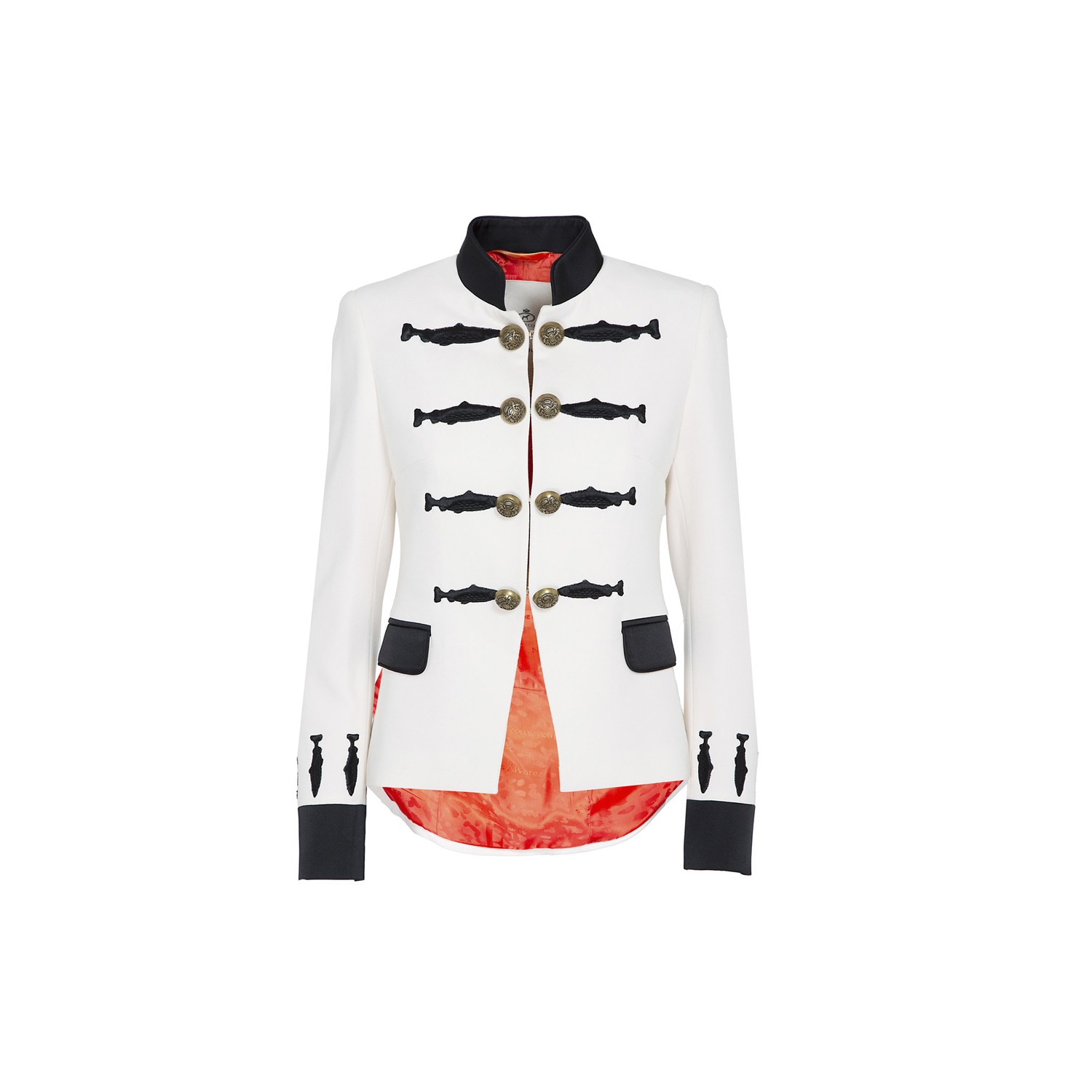 The Extreme Collection Women's White Nuvola Ecru Crepe Black Emroidery Military Blazer With Golden Buttons In White