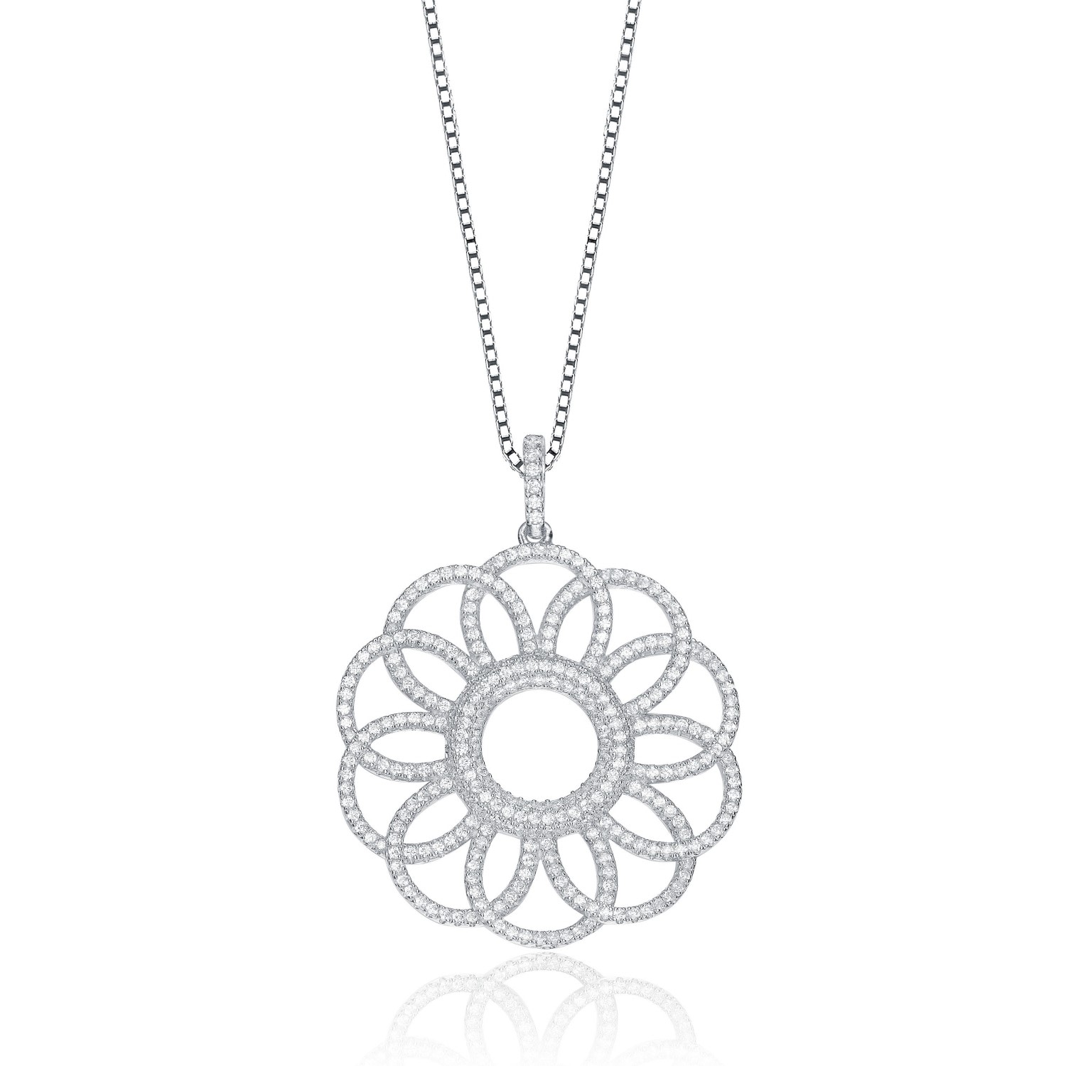 Genevive Jewelry Women's White / Silver Sterling Silver White Cubic Zirconia Floral Pendant Necklace In Multi