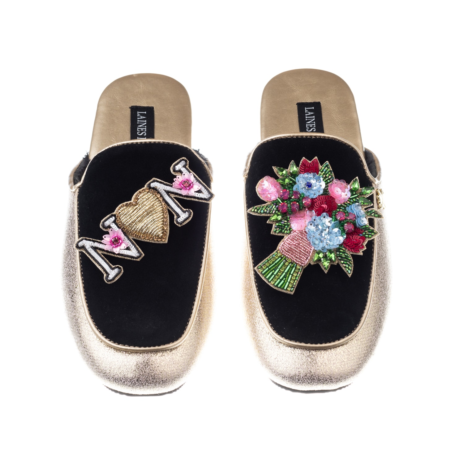 Women’s Black / Gold Classic Mules With Flower Bouquet & Nan Brooches - Black & Gold Medium Laines London