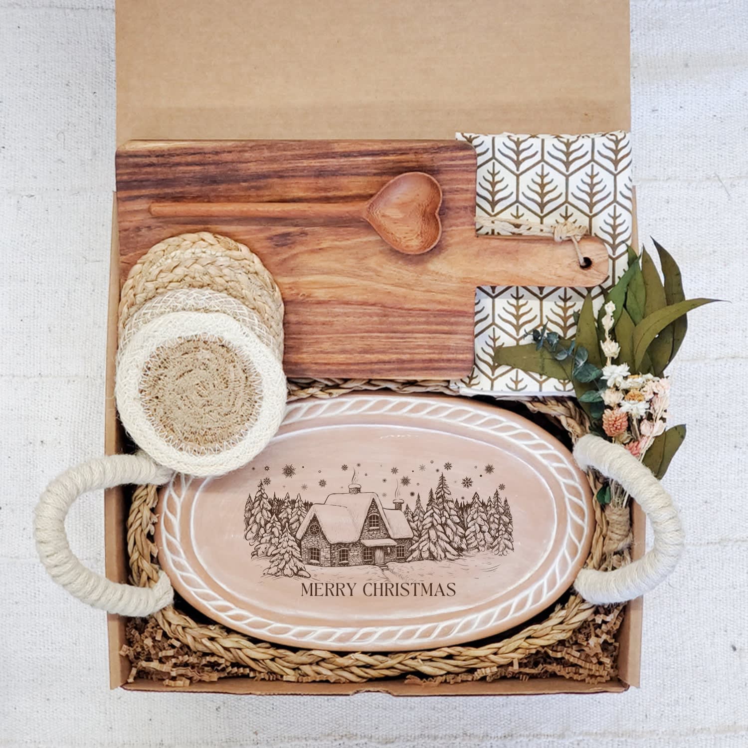 Korissa Neutrals Bread Warmer Gift Box With Round Wooden Board, Spoon And Light Brown Tea Towel - Christmas  In Brown
