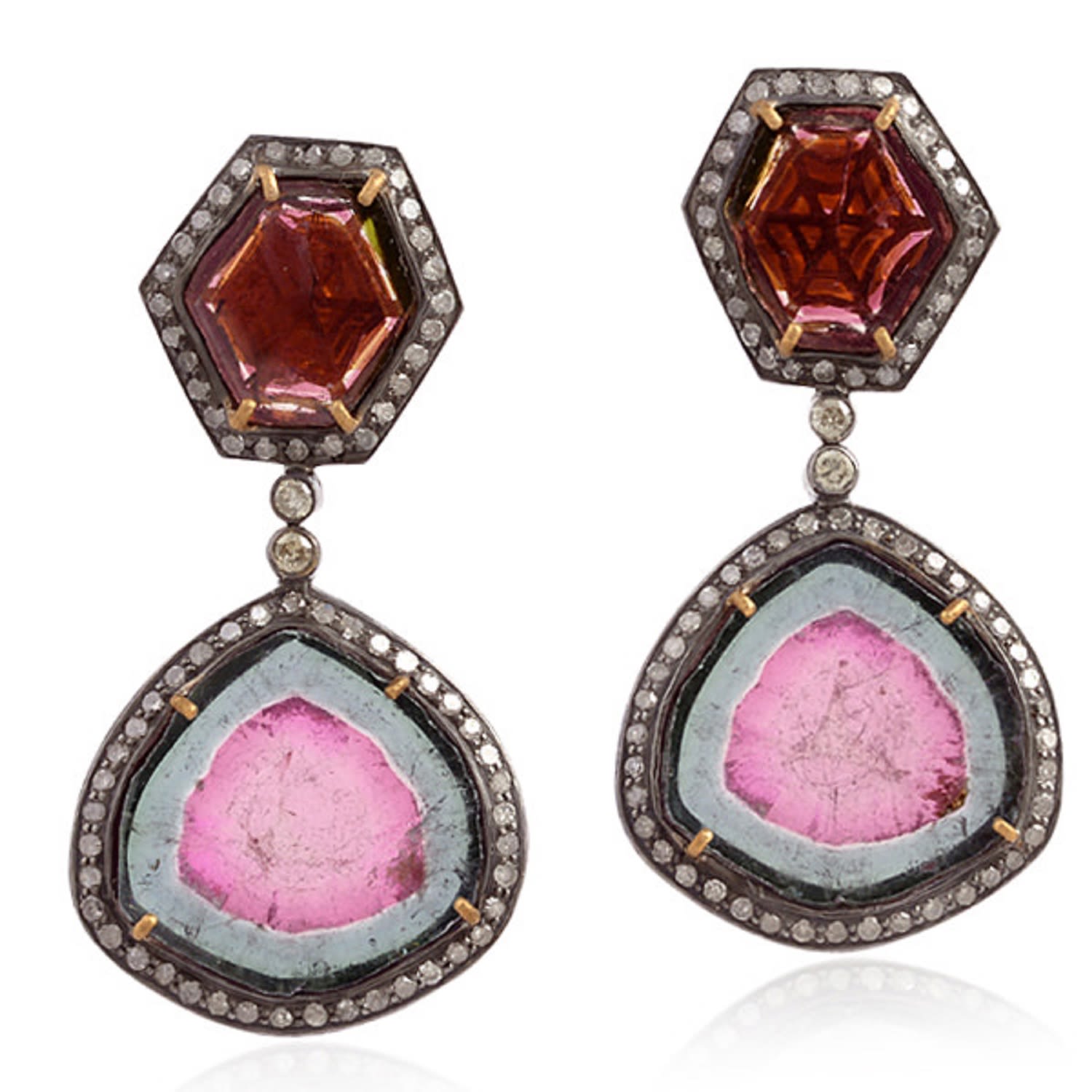 Women’s Gold / Pink / Purple 18K Solid Gold With 925 Silver In Melon Tourmaline Pave Diamond Dangle Earrings Artisan