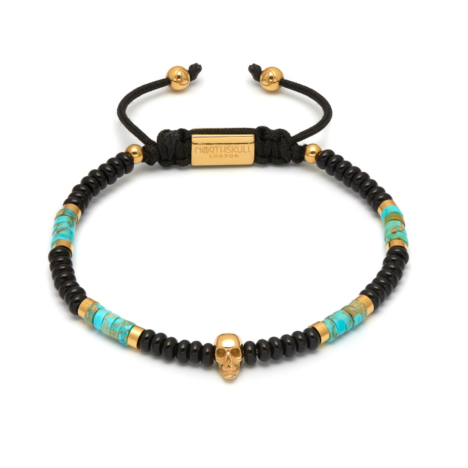 Northskull Men's Black Onyx / Turquoise & Gold Atticus Skull Macramé Bracelet