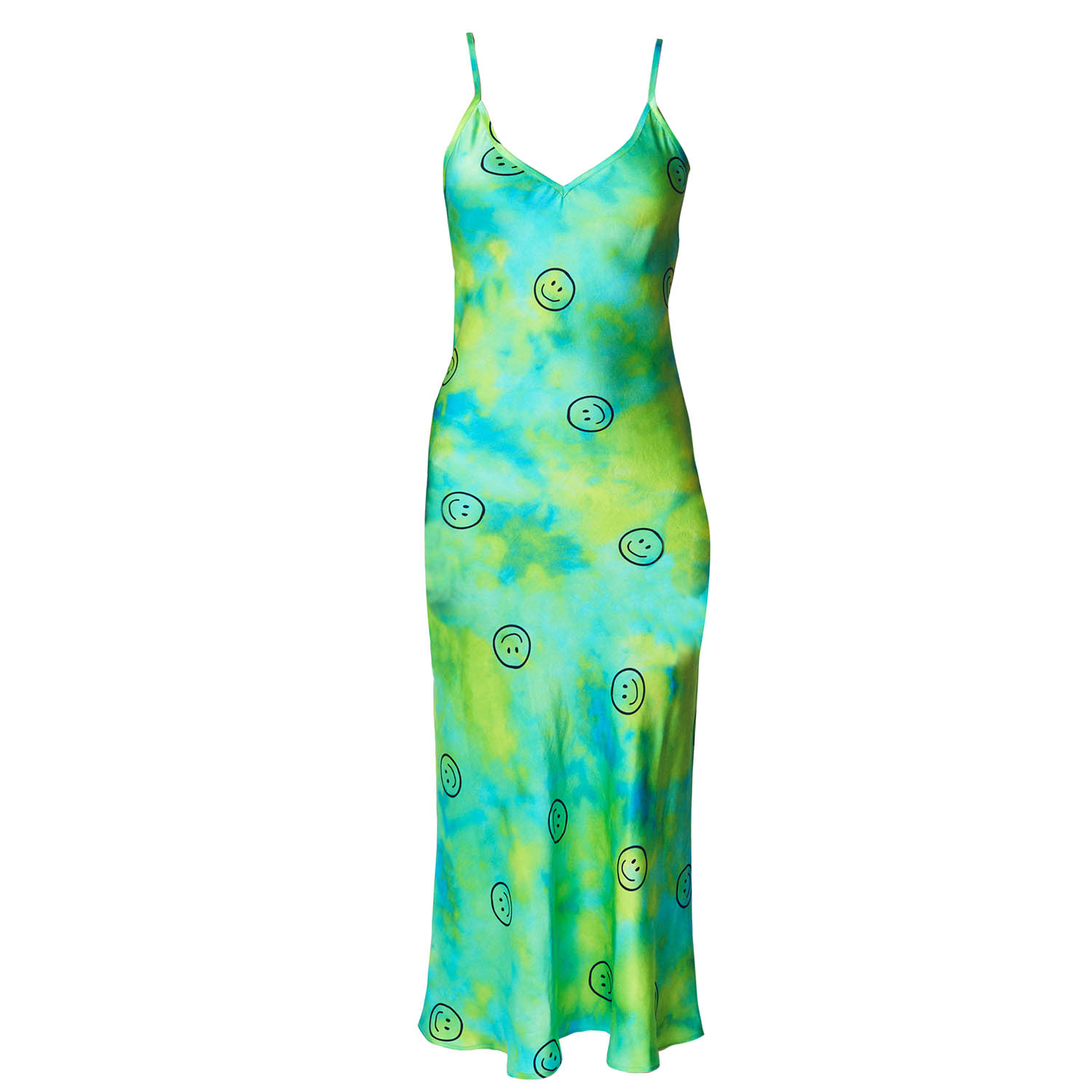Roy G. Women's Green Acid Smiley Tie Dye Silk Slip Midi Dress In Green