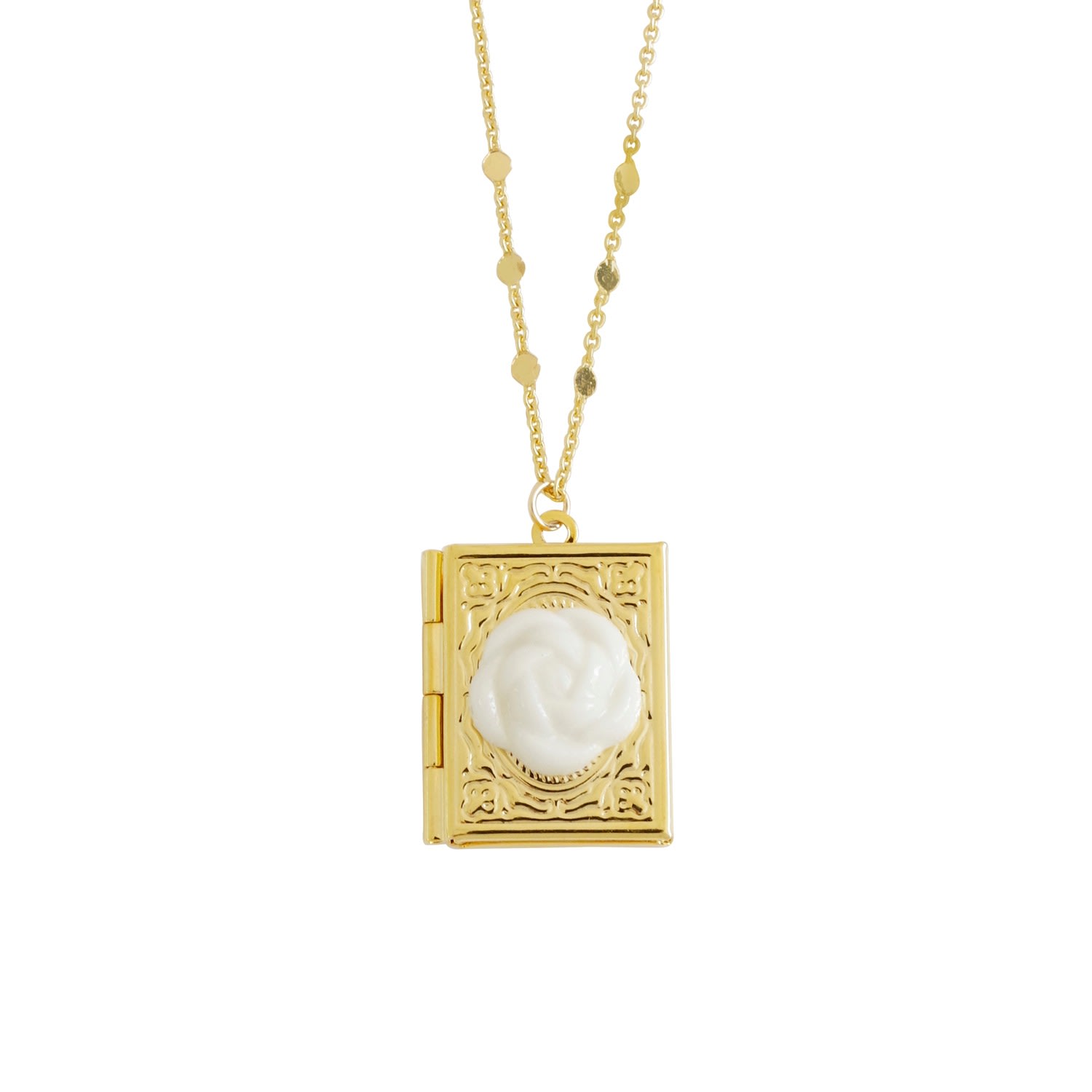Women’s White / Gold Porcelain Camellia Book Locket Necklace Poporcelain