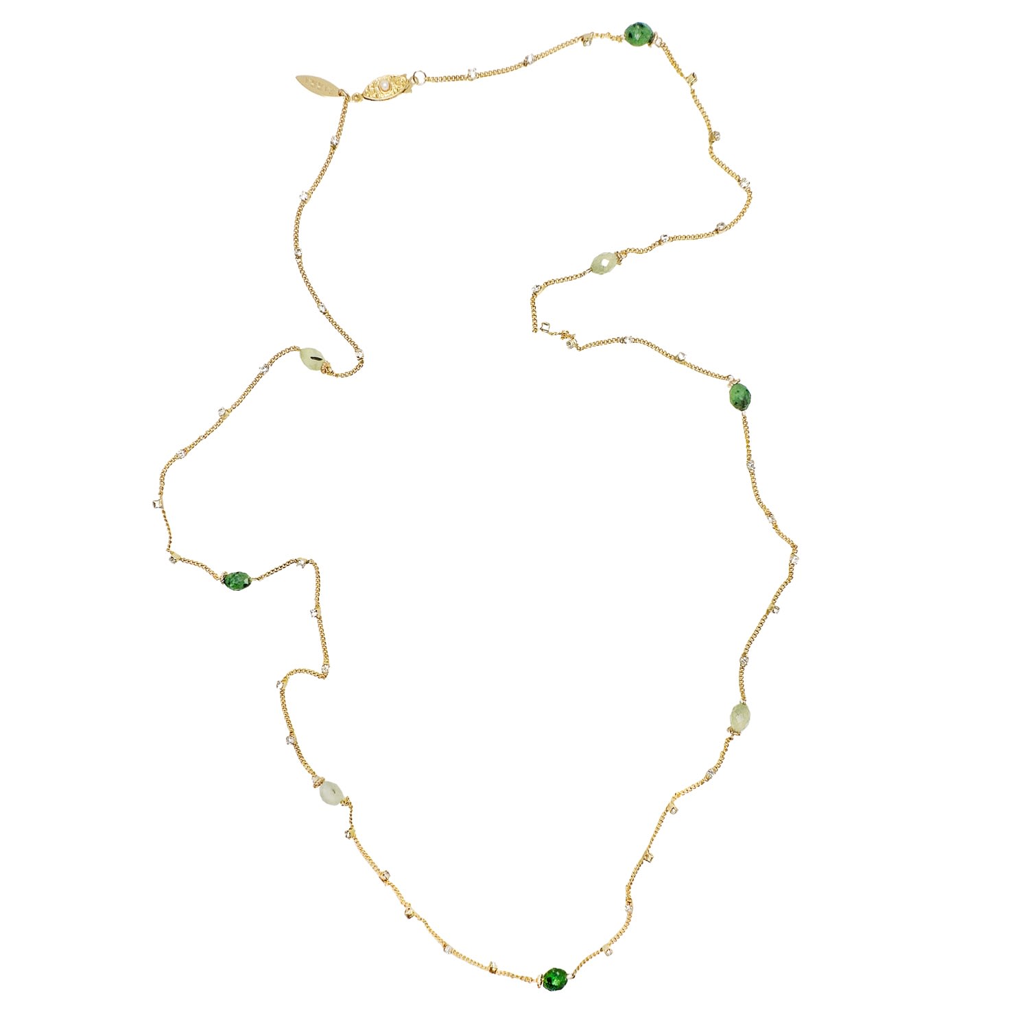 Farra Women's Zircon Stone With Green Gemstone Long Gold Necklace In Green