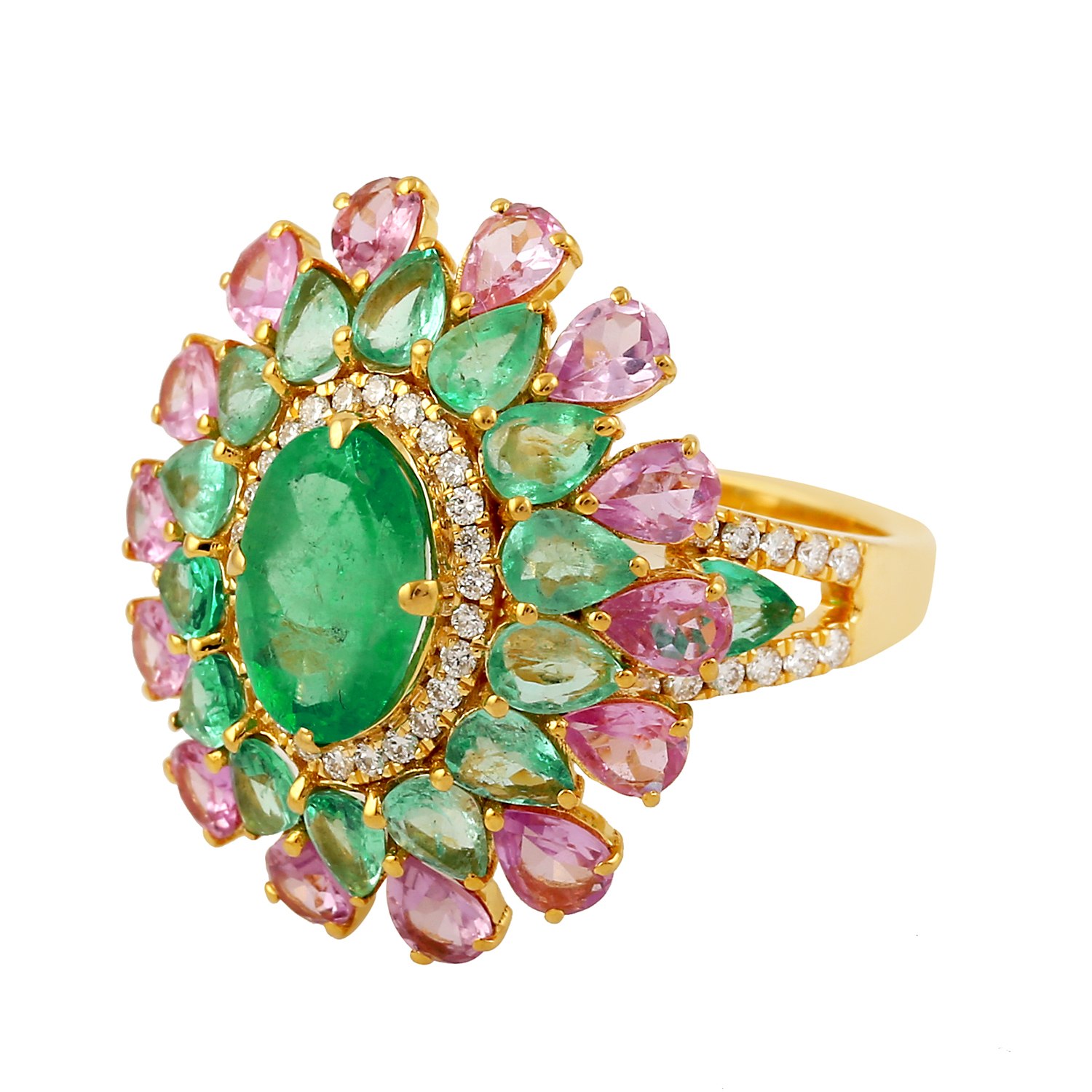 Women’s White / Green / Pink Natural Emerald & Sapphire Diamond 18K Yellow Gold Flower Cocktail Ring Artisan