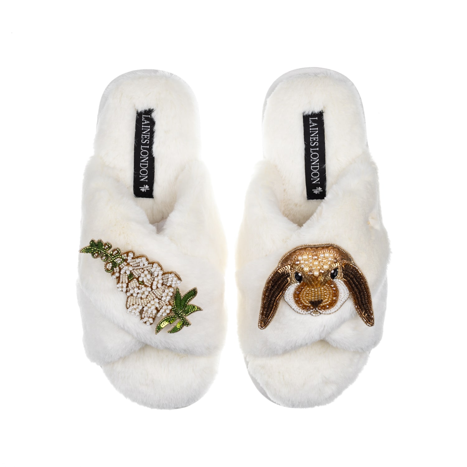 Laines London Women's Classic Laines Slippers With Bunny & White Foxglove Flowers Brooches - Cream In White