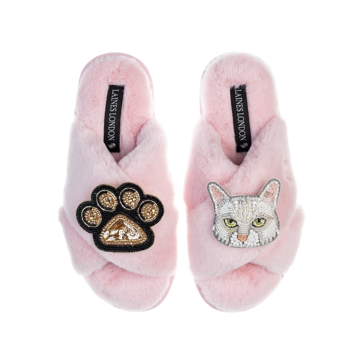Laines London Women's Pink / Purple Classic Laines Slippers With White Lily Cat & Paw Brooch - Pink