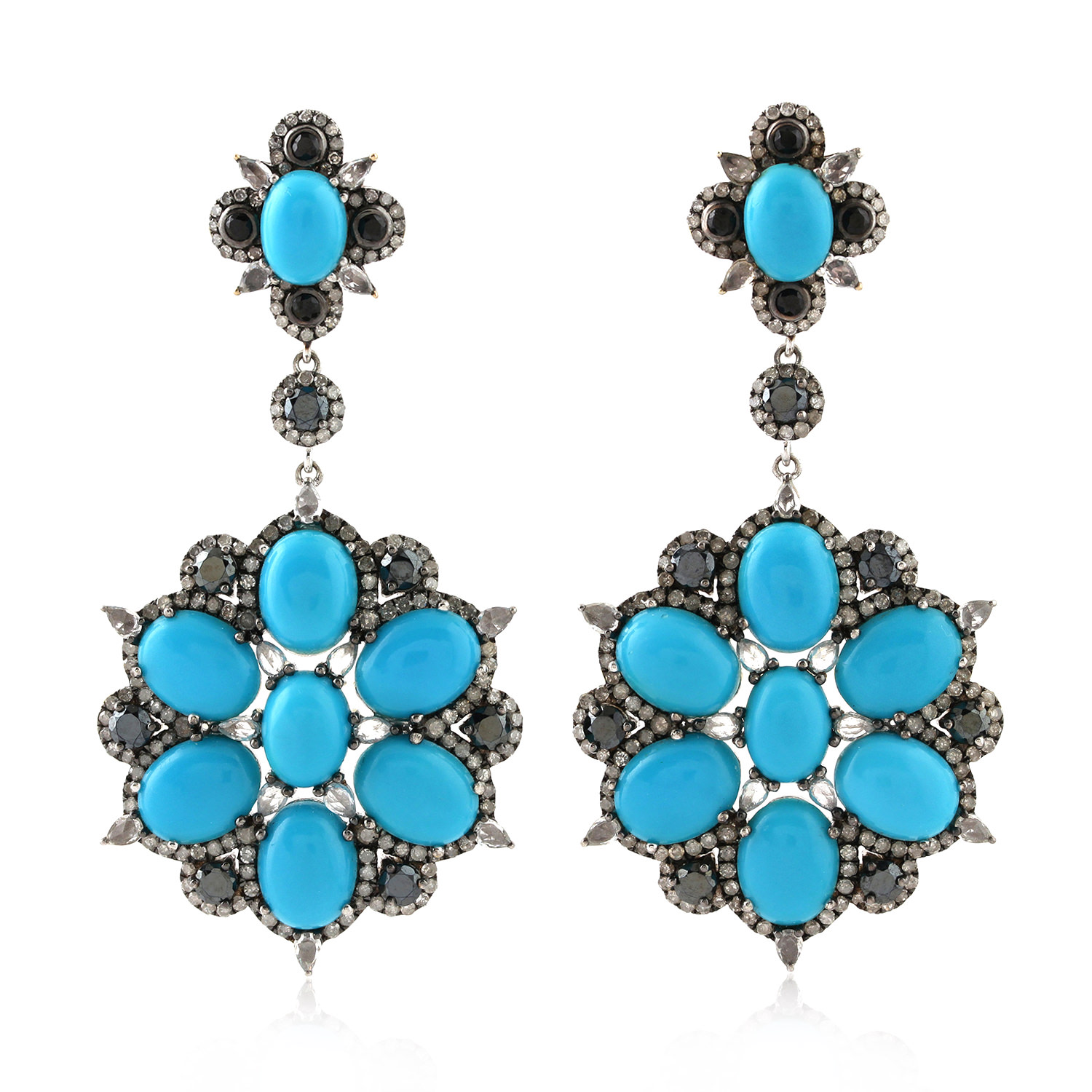 Women’s Gold / Black Oval Cut Turquoise & Spinel With White Sapphire Pave Diamond In 18K Gold 925 Silver Western Dangle Earrings Artisan