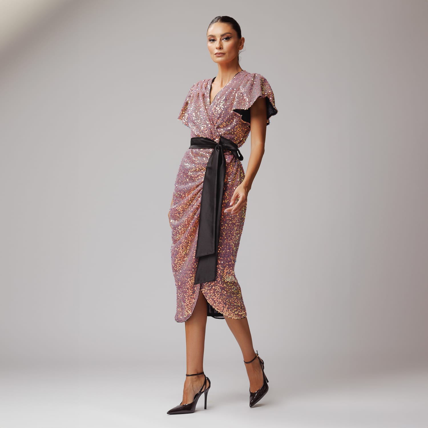 Midi Wrap Sequins Dress- Pouder Pink | concept A trois | Wolf & Badger