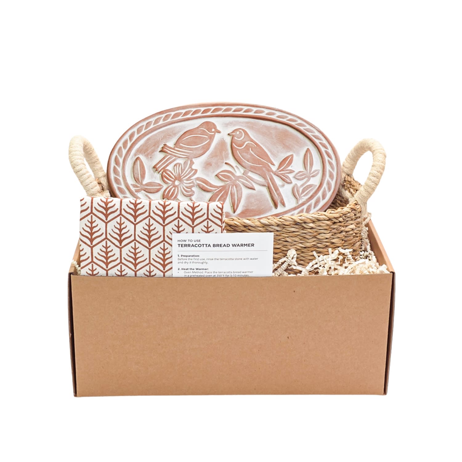 Bread Warmer & Basket Gift Set With Light Brown Tea Towel - Lovebird Oval | Korissa