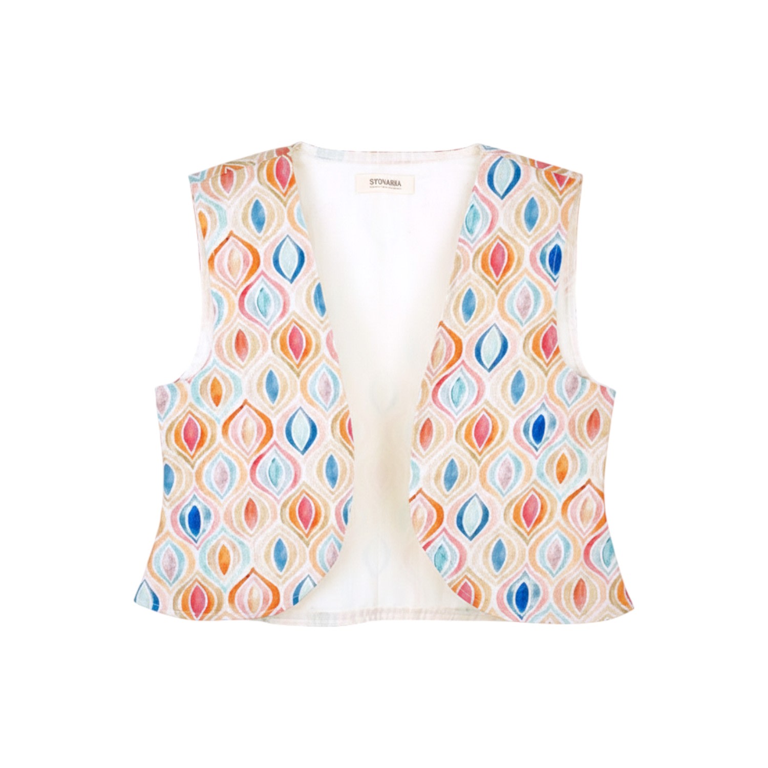 Women's White Artful Teardrop Cotton-Linen Vest - Statement Waistcoat | Medium | Stovaria