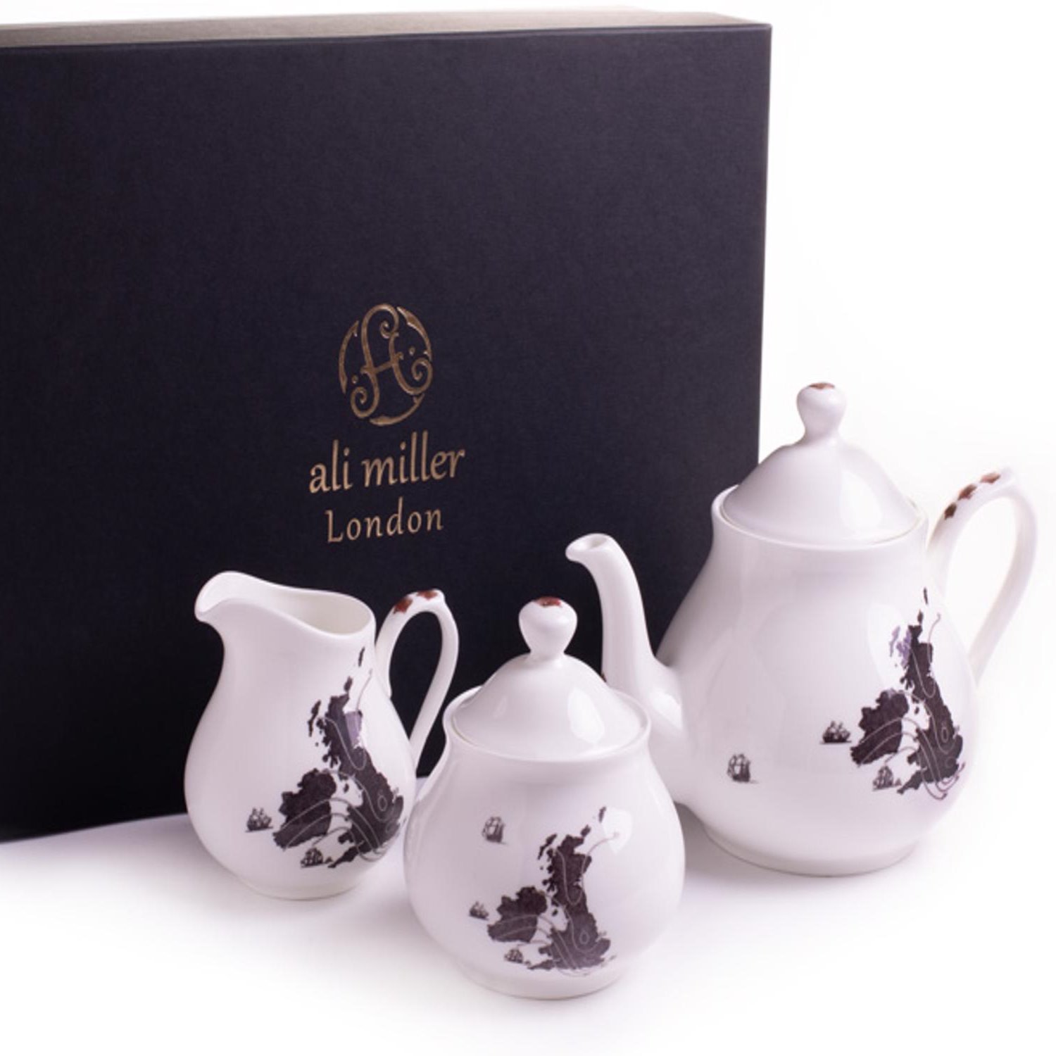 Black Map Teapot, Milk Jug & Sugar Pot Gift Set Ali Miller London