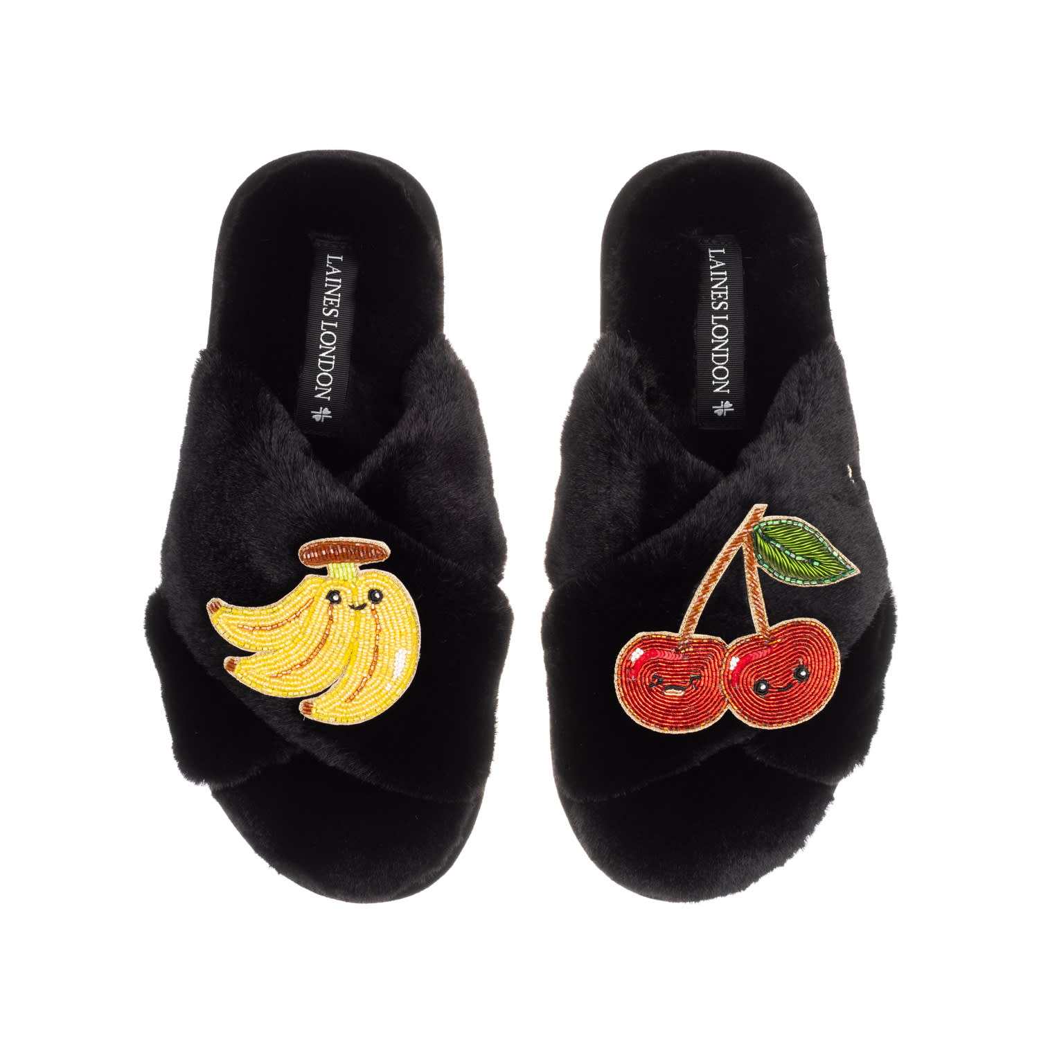 Laines London Women's Classic Slippers With Laines Loveables Banana & Cherry Brooches - Black In Black
