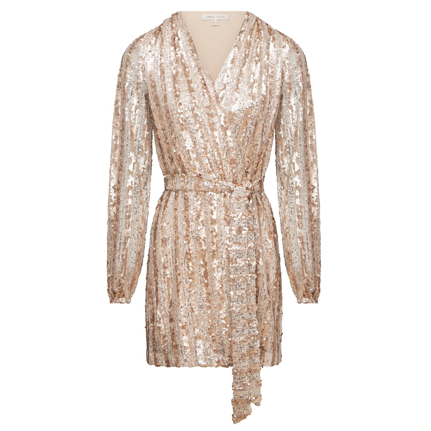 Women's Gold / Silver Stripe Sequin Long Sleeve Wrap Dress | Medium | Urban Touch
