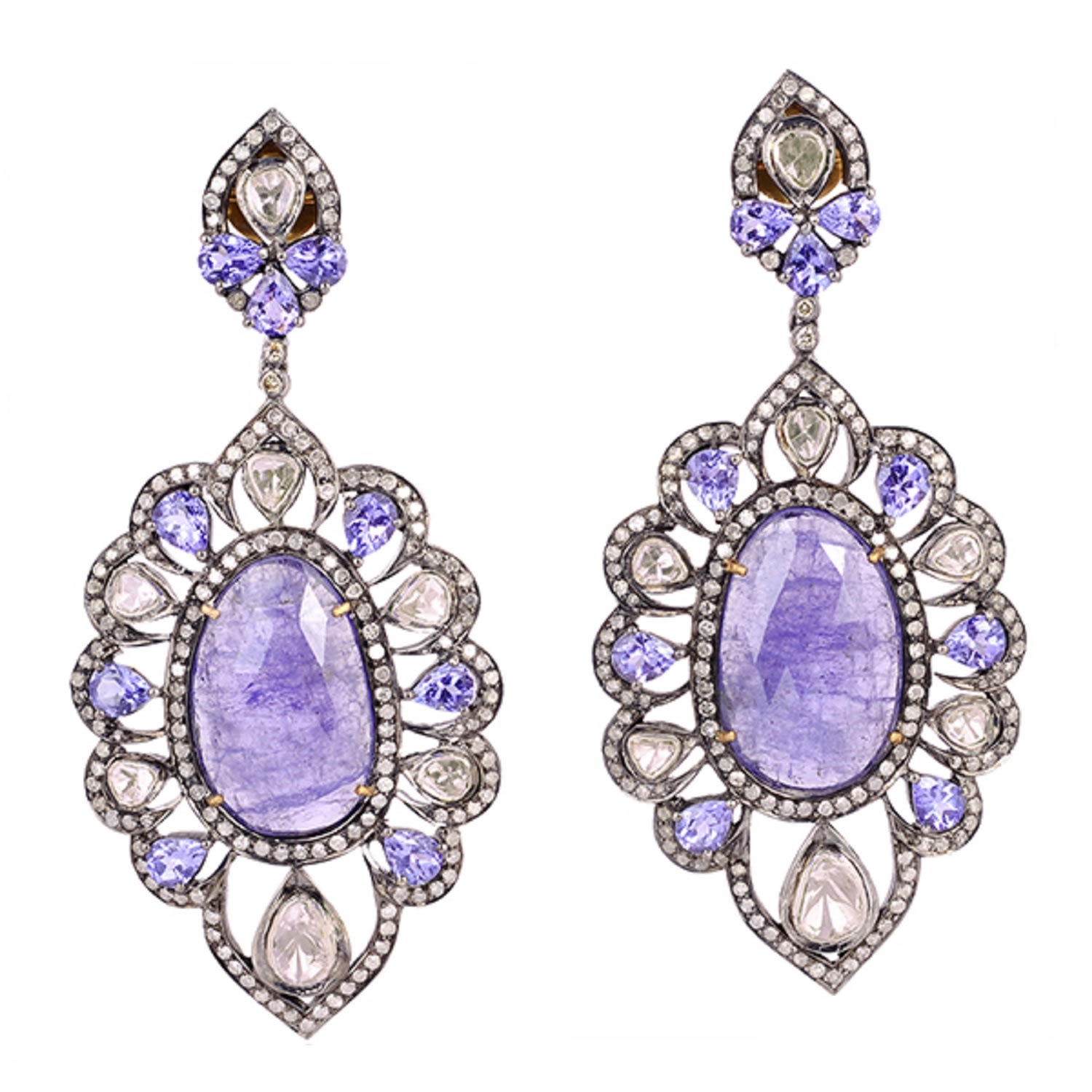 Women’s Blue / Silver / White Natural Diamond Tanzanite Gemstone Dangle Earrings 18K Gold 925 Sterling Silver Artisan