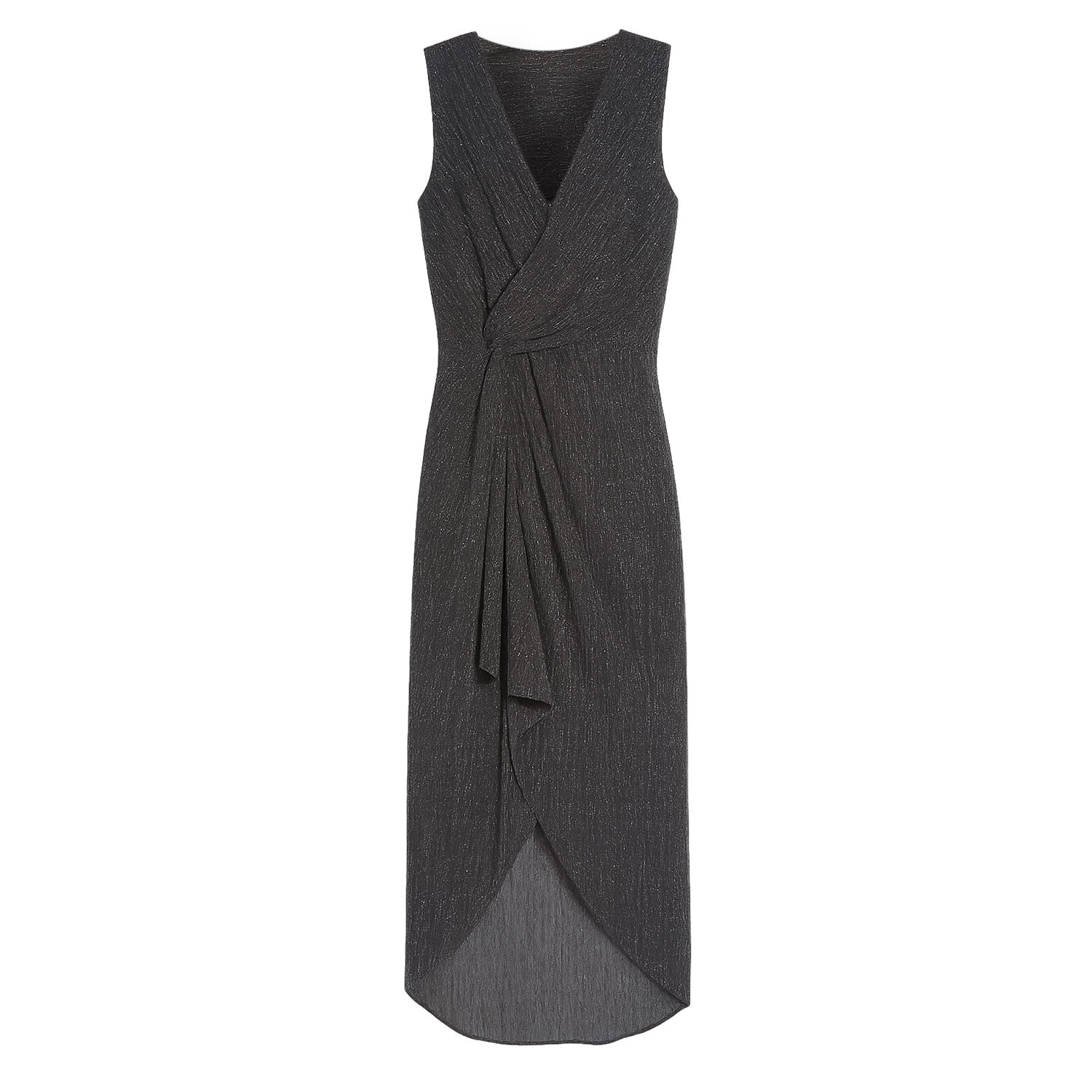 Yumi Women's  Black Metallic Pleated Frill Wrap Midi Dress