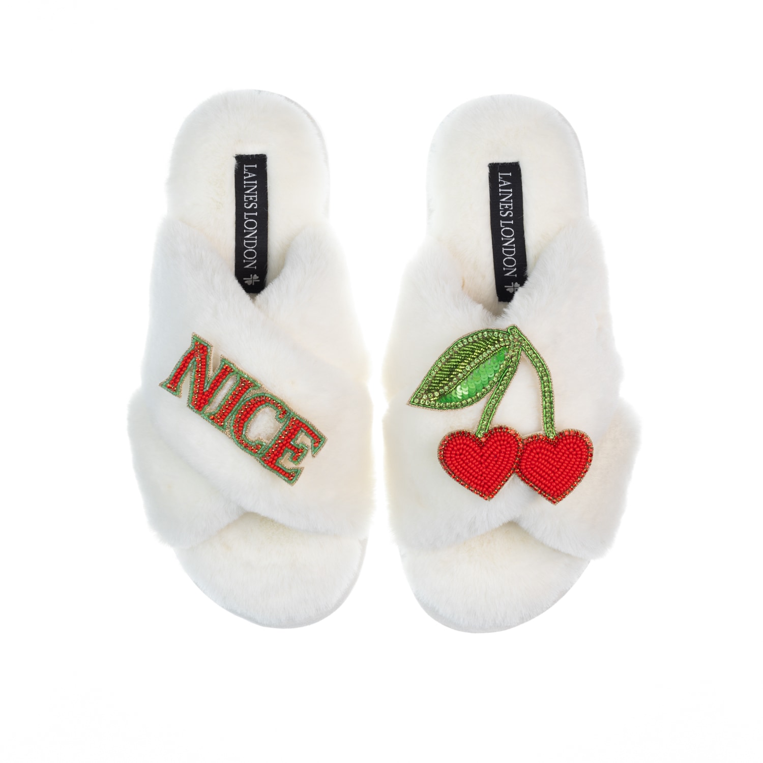 Women’s White Classic Laines Slippers With Nice Cherries Brooches - Cream Large Laines London