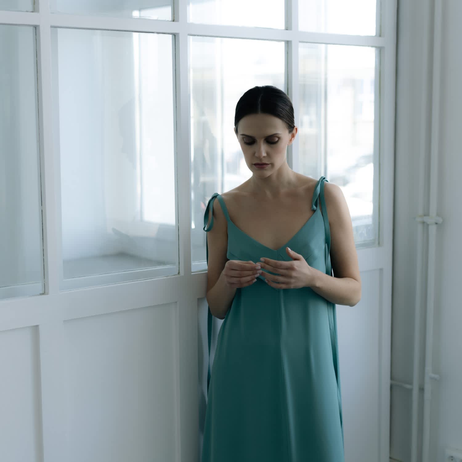 Langner Chiffon Ruffle Tie-Strap Maxi Dress - Green