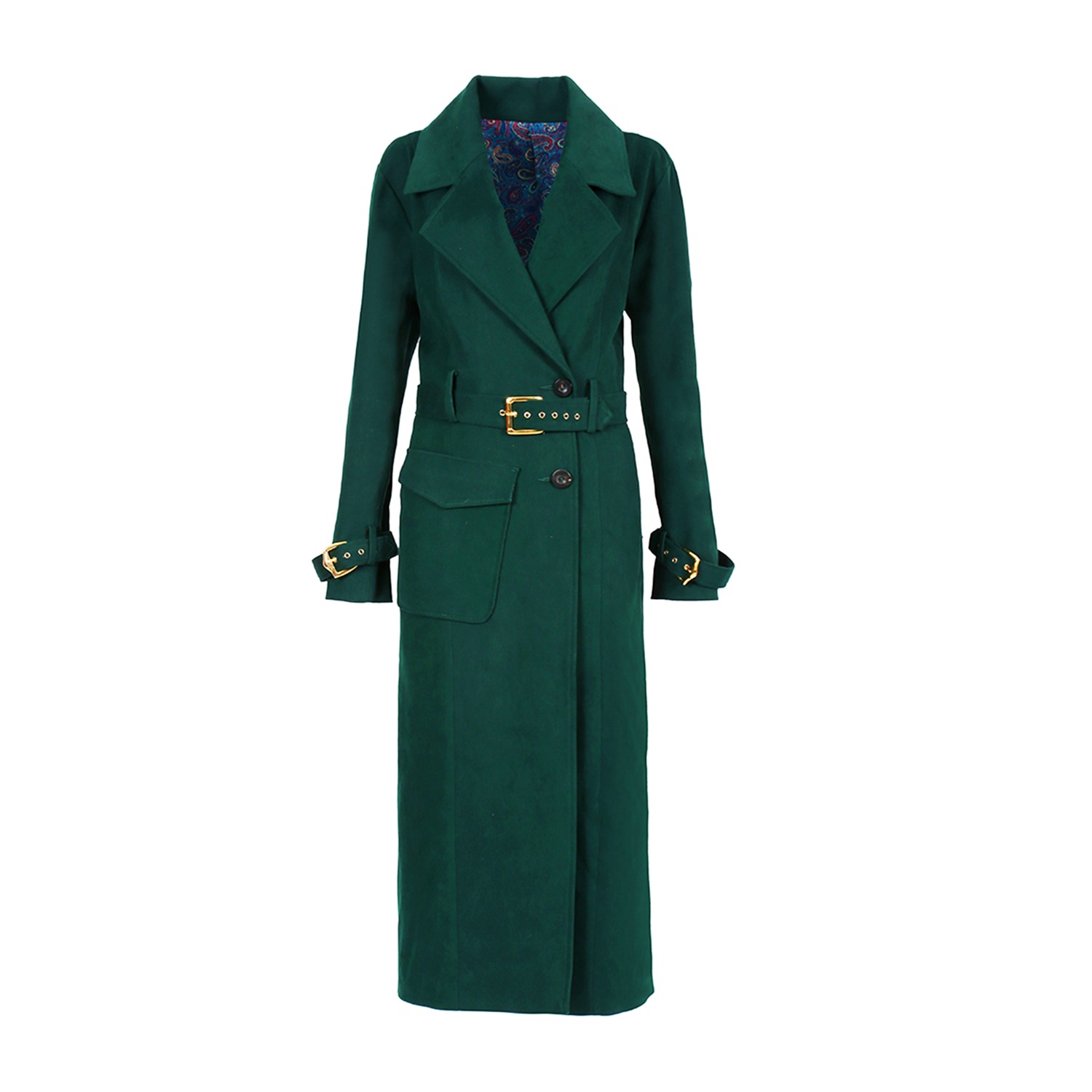 Women Notch Lapel Belted Velvet Chinos Trench Coat - Militant Spruce by Yvette LIBBY N'guyen Paris