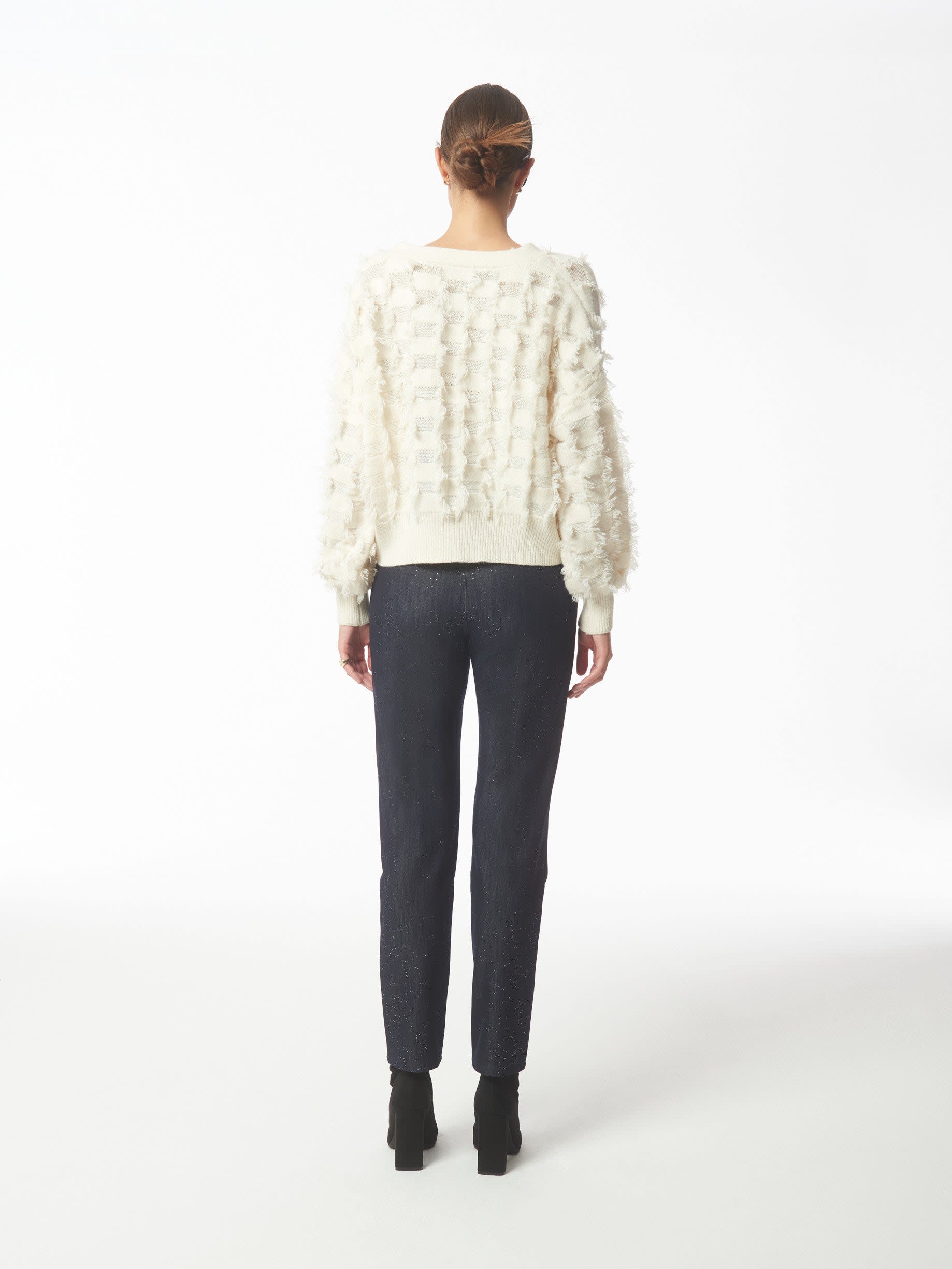 Fringed Checkerboard Cardigan In White | SOUR FIGS | Wolf & Badger