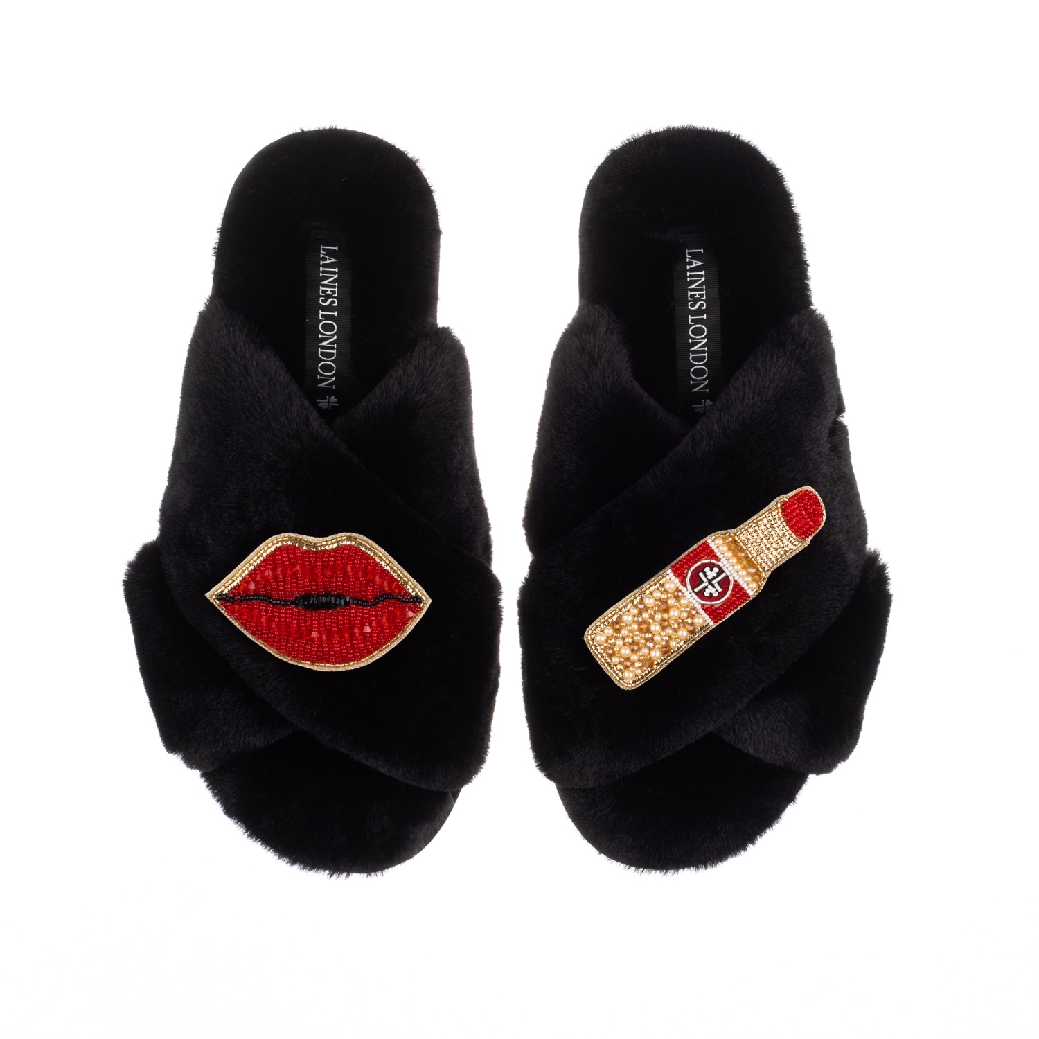 Laines London Women's Classic Laines Slippers With Red Lipstick & Lips Brooches - Black In Black