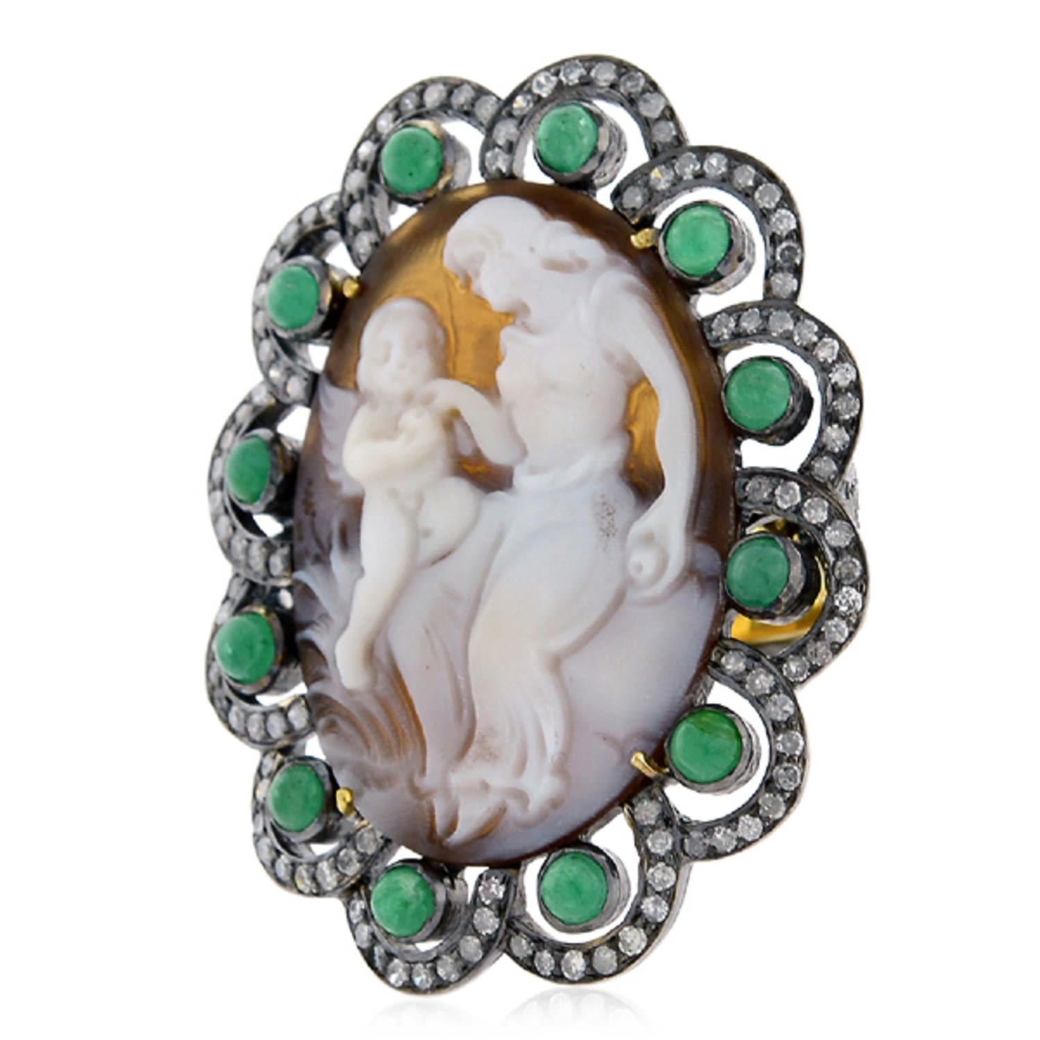 Women’s Natural Cameo Cocktail Ring 18K Yellow Gold 925 Sterling Silver Artisan