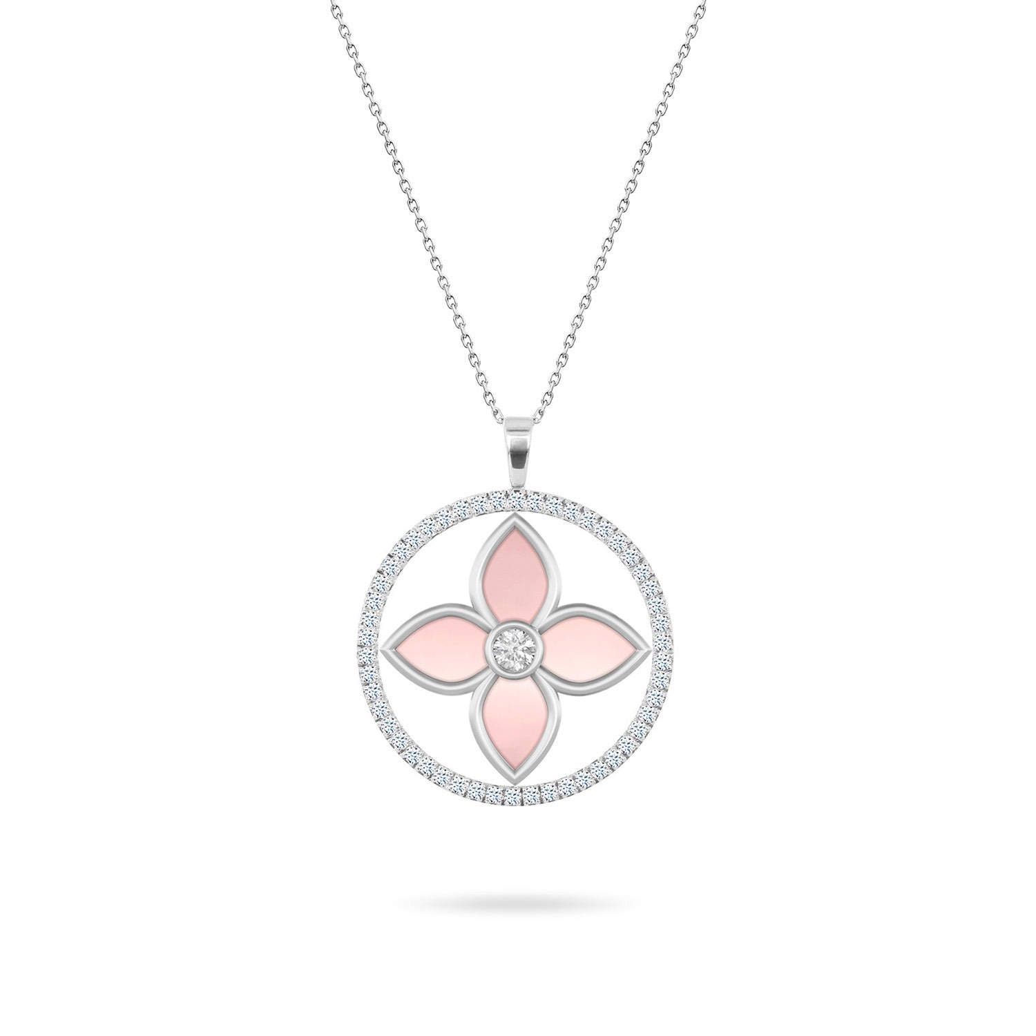 Women’s Necklace Ava Queen On Precious Stone,18K White Gold And Diamonds Pink Mother Of Pearl Aquae Jewels