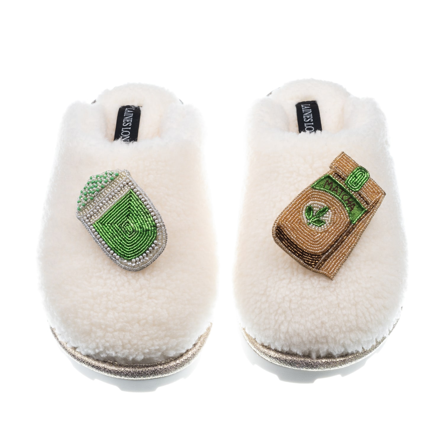 Women’s White Teddy Closed Toe Slippers With Matcha Brooches - Cream Large Laines London