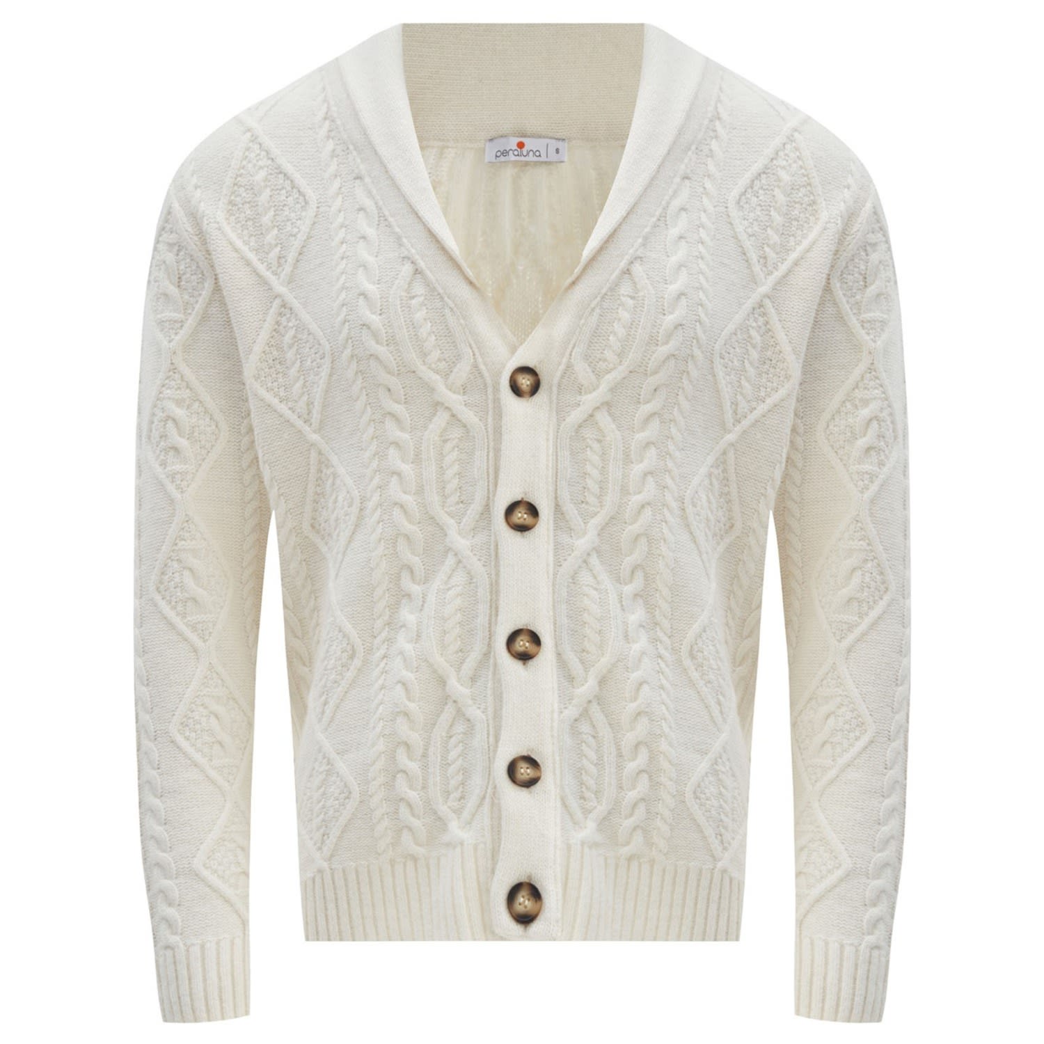 White Benjamin Shawl Collar Cable Knit Men’s Cardigan - Ecru XXL Peraluna