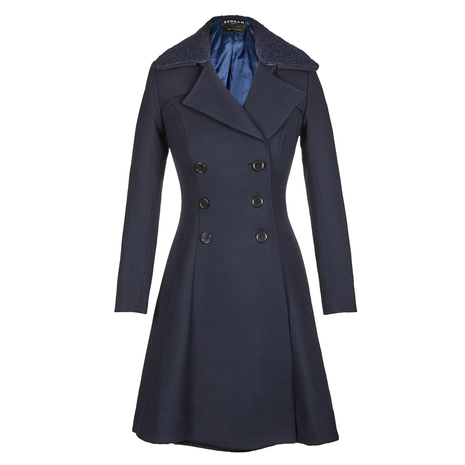 Women’s Blue Double Breasted Flared Coat - Navy Medium Serran London