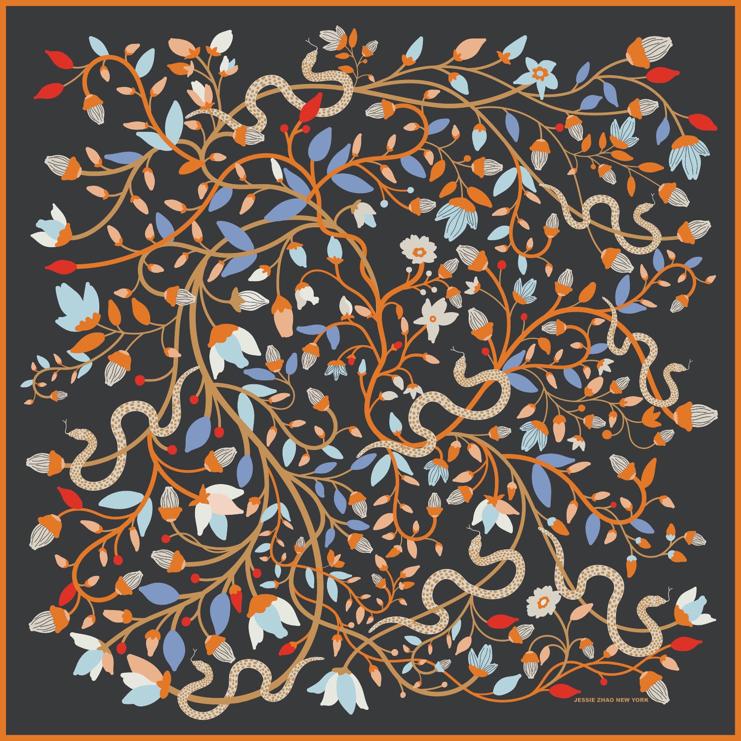 Jessie Zhao New York Women's Black / Yellow / Orange Double Sided Wool Silk Scarf Of Night's Enchanted Garden
