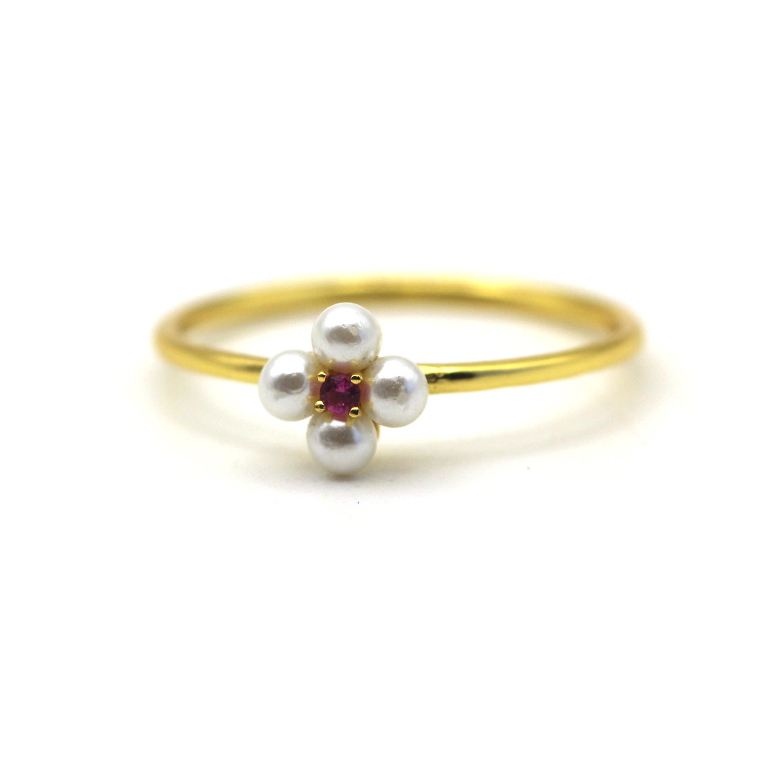 Women’s Flower Pearl With Red Ruby Gemstone Gold Ring Vicstonenyc Fine Jewelry