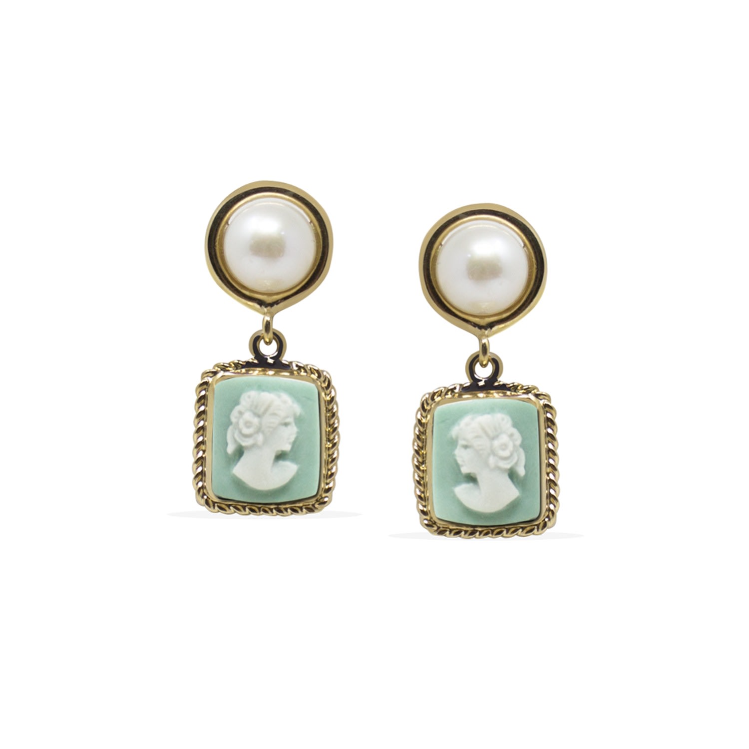 Women’s Gold / Green / White The Beloved Gold-Plated Green Cameo And Pearl Earrings Vintouch Italy