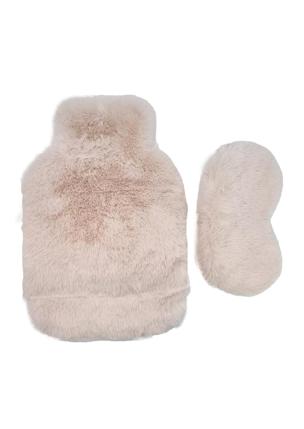 Nooki Design Women's White Faux Fur Hot Water Bottle & Eye Mask Set In Cream In Pink