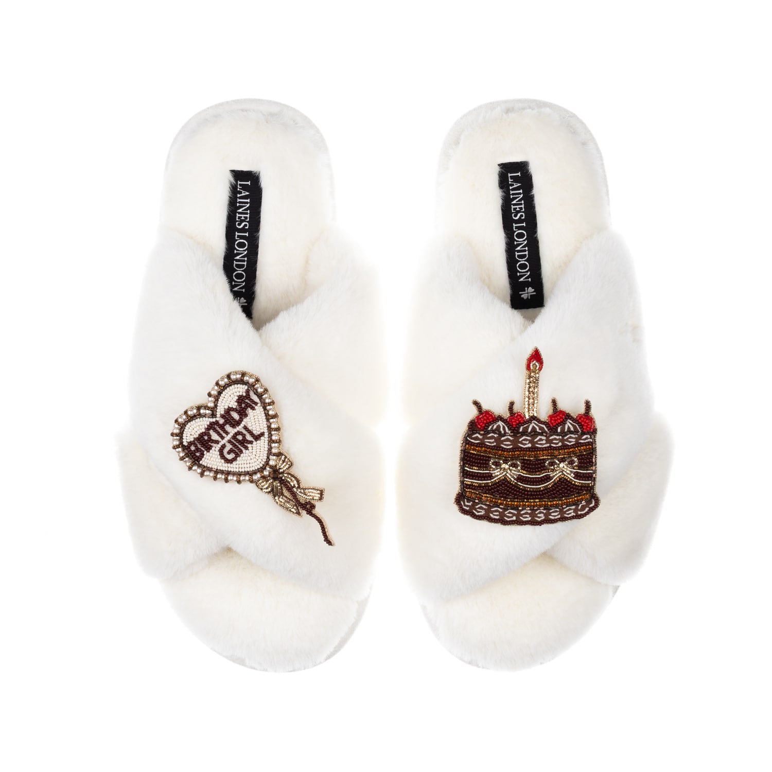 Women's Neutrals / White Classic Laines Slippers With Birthday Girl Balloon & Chocolate Cake Brooches - Cream | Large | Laines London
