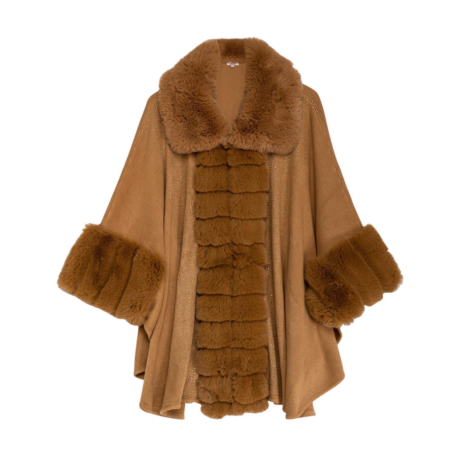 Niza Women's Brown V-neck And Fur Poncho Camel