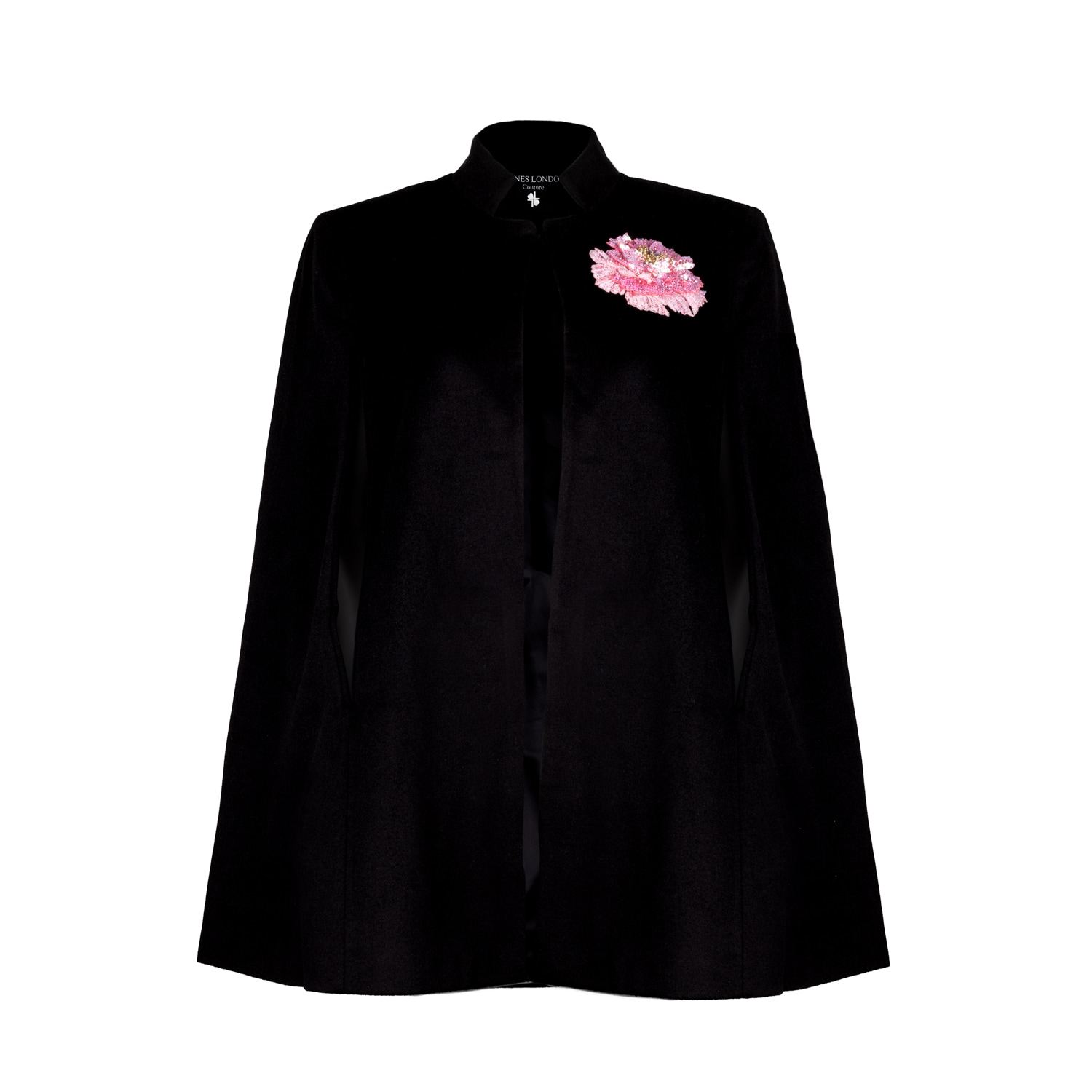 Women’s Laines Couture Wool Blend Cape With Embellished Pink Peony - Black L/Xl Laines London