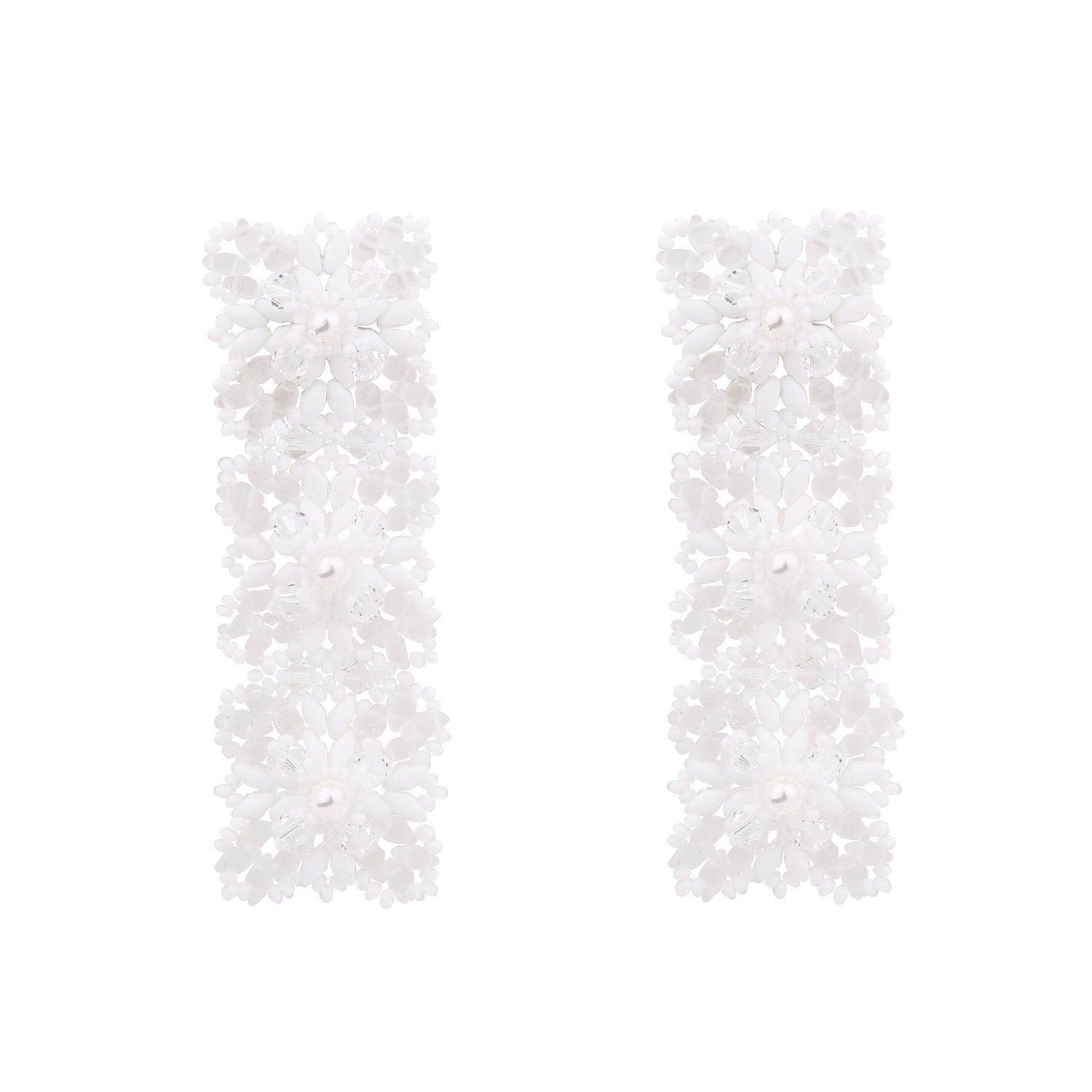 Women’s White Glass Beads & Silver Lace Design Long Bridal Earrings Oanasavu. creations