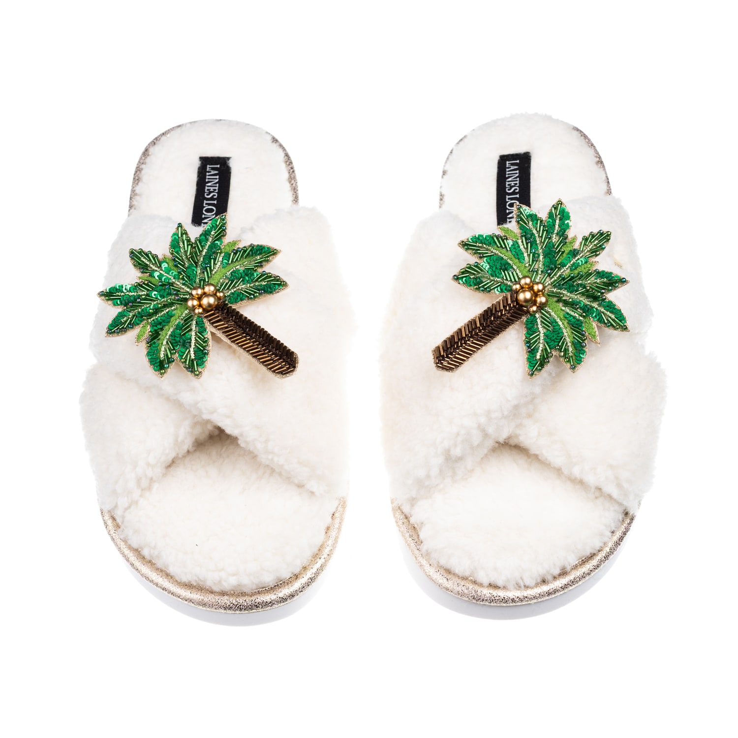 Laines London Women's Neutrals / White Laines Neutral Boucle Slippers With Double Palm Tree Brooches - Cream