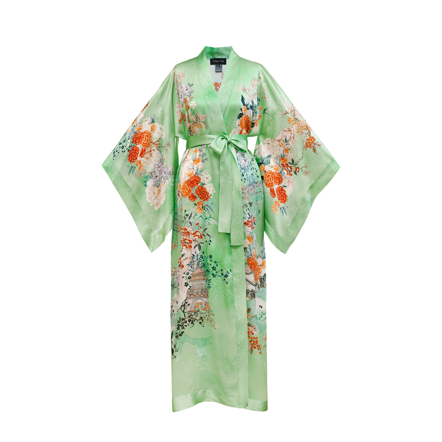 Meng Women's Green Sage Pagoda Silk Satin Kimono