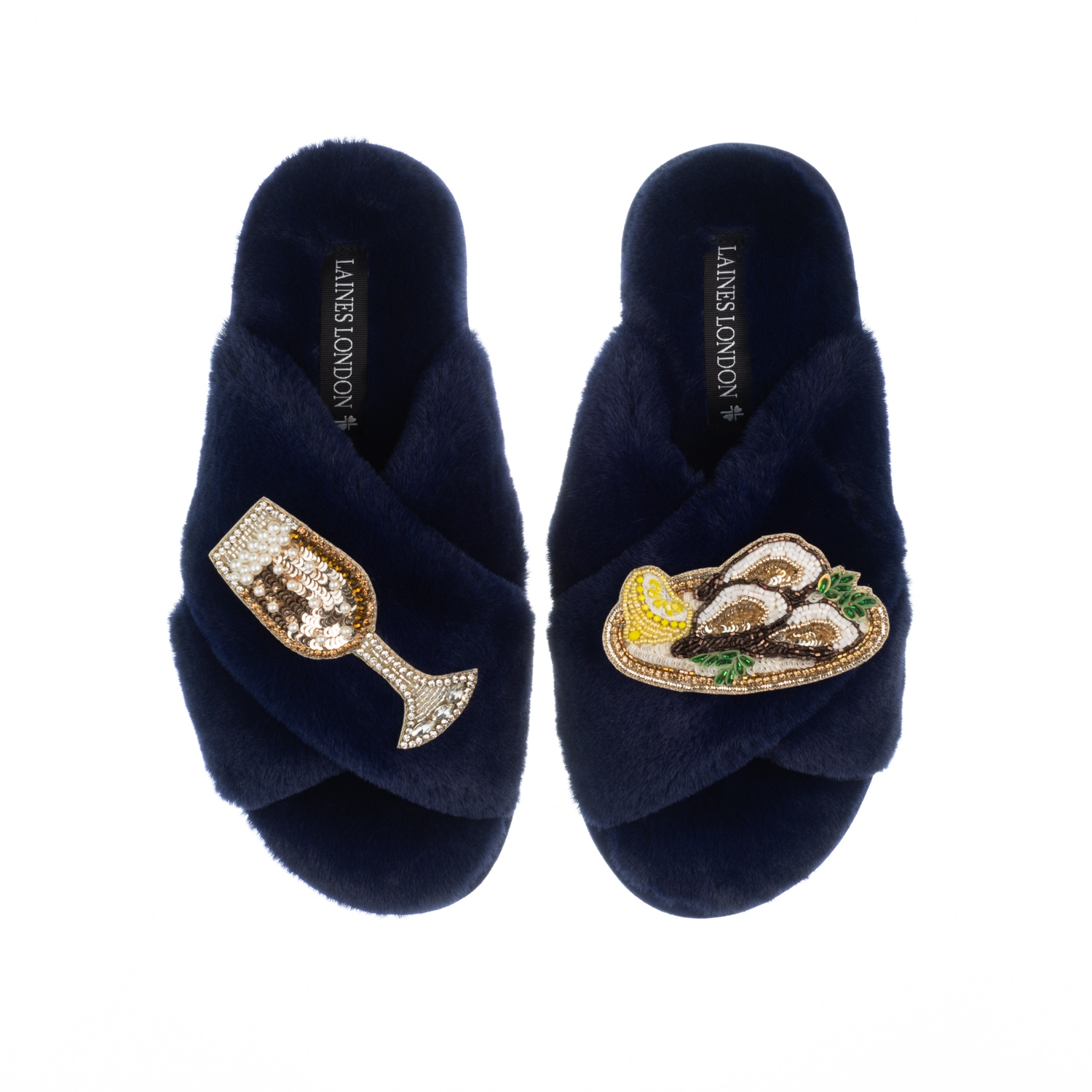 Laines London Women's Blue Classic Laines Slippers With Oysters & Glass Of Fizz - Navy In Blue