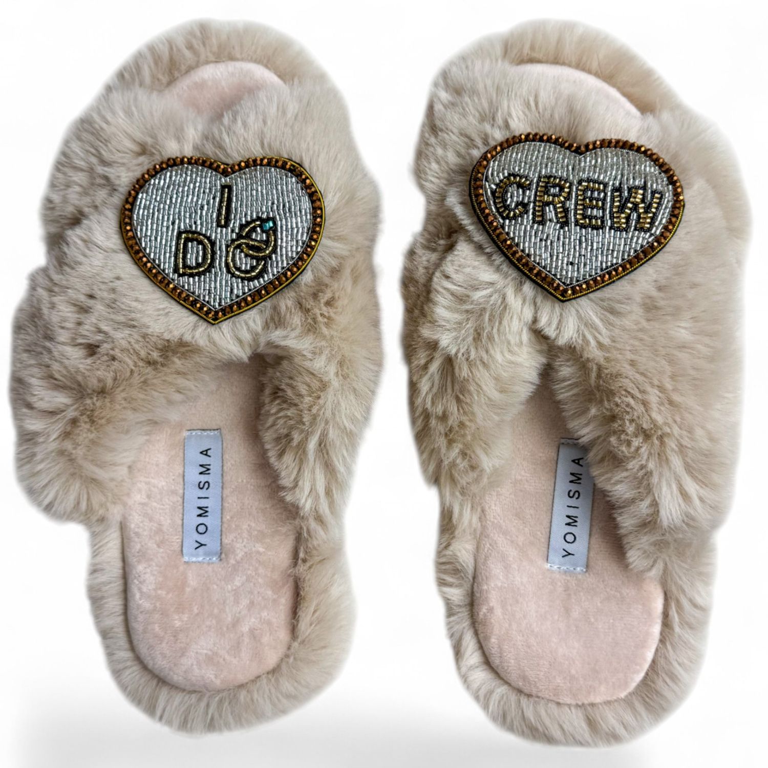 Yomisma Women's Neutrals Faux Fur Slippers - Global Recycled Standard Certified With I Do Crew Wedding Embel In Sand