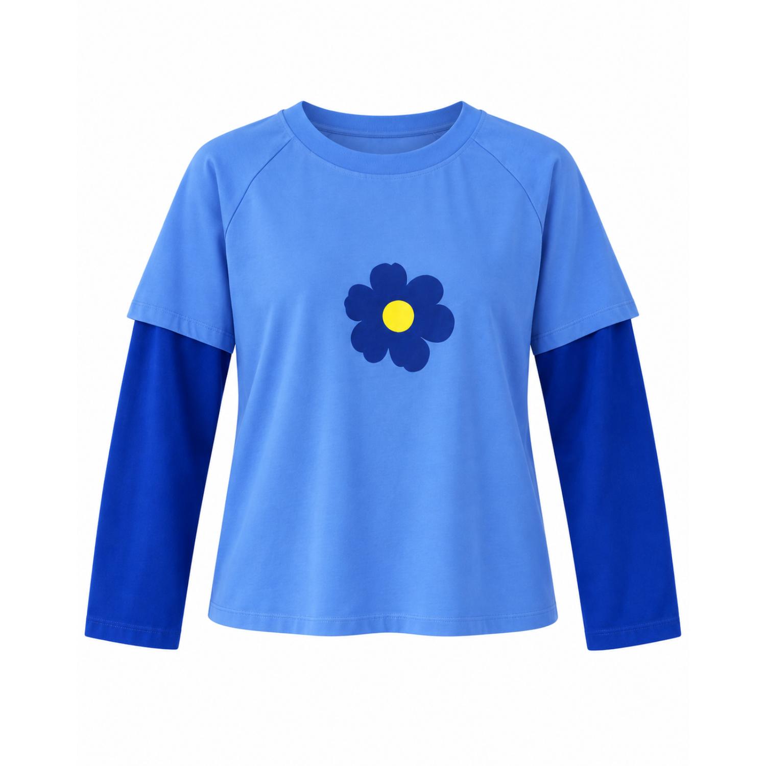Mind Traveler Women's Blue Double Sleeve Cropped Aria T-shirt With Flower Detail