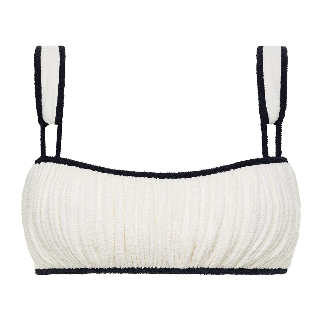 Montce Women's White Cream Black Binded Terry Rib Victoria Bikini Top In White