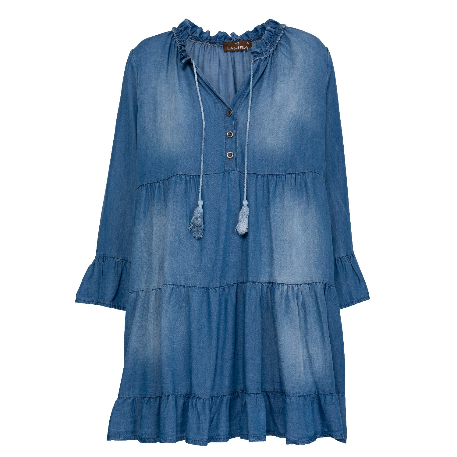 Tantra Spain Sl Women's Blue Denim Dress With Ruffles On The Hem And Sleeves, Tassels And Buttons Denim In Blue