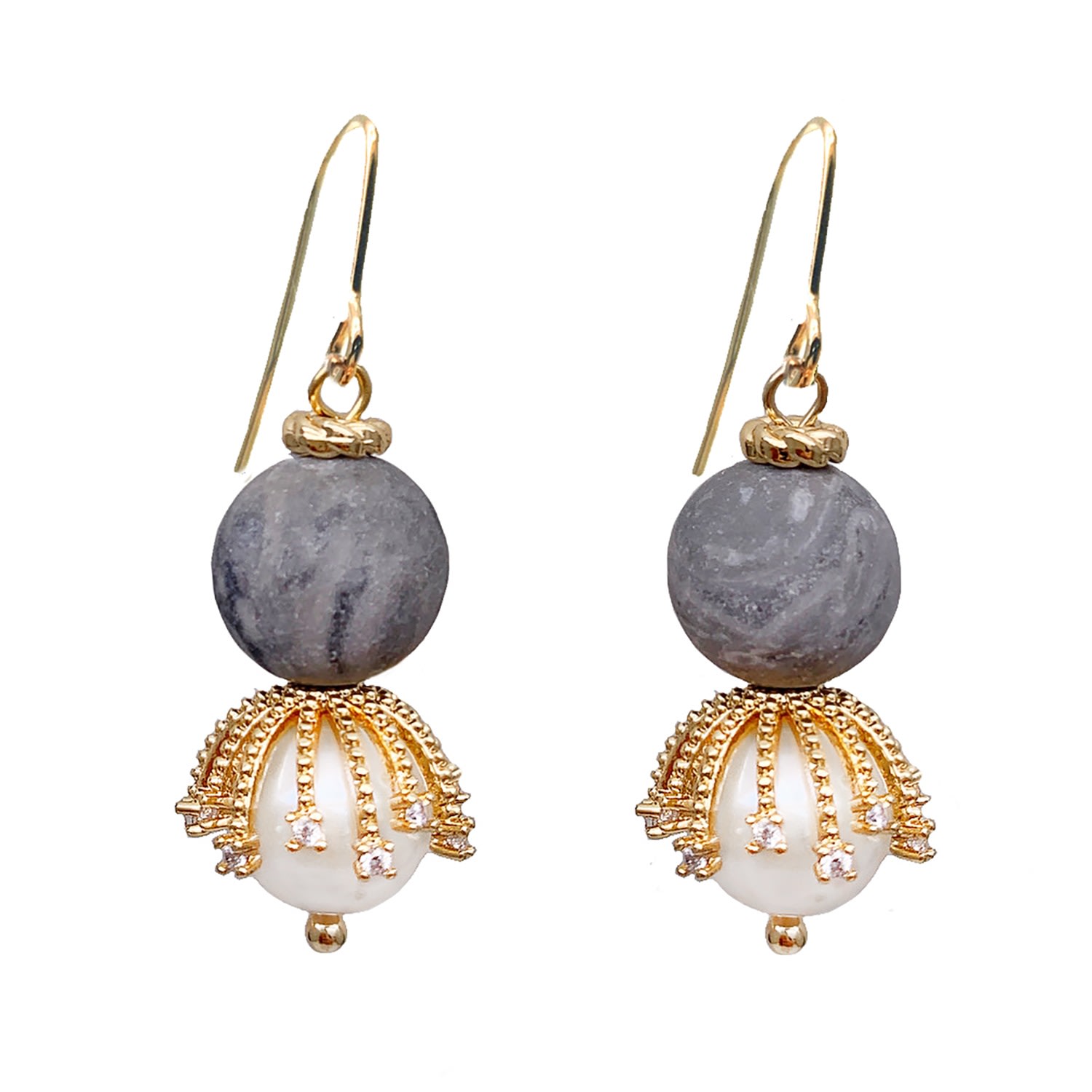 Women’s Grey / White Gray Agate With Freshwater Pearls Dangle Earrings Farra