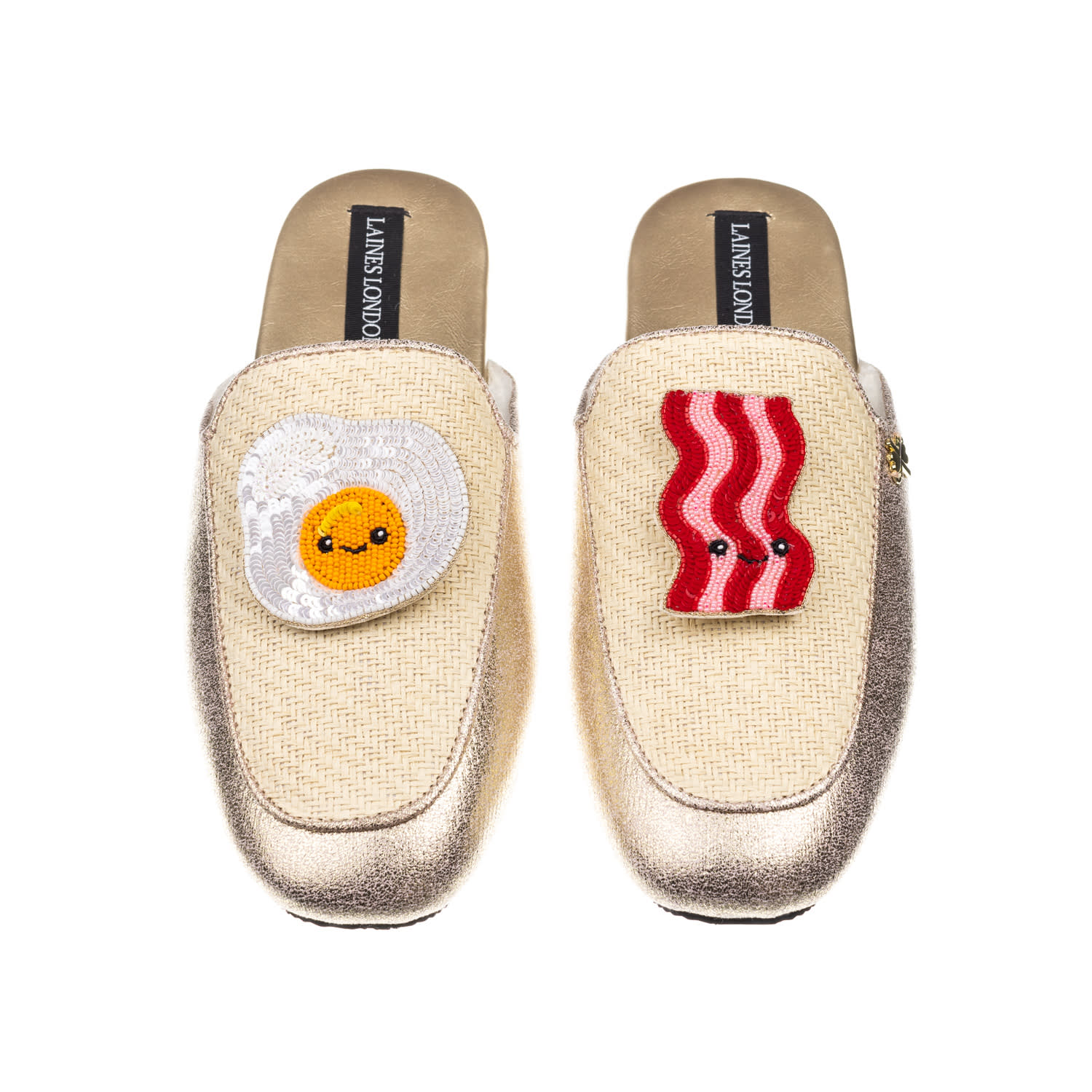 Laines London Women's Gold / Neutrals Classic Mules With Laines Loveables Egg & Bacon Brooches - Cream & Gold In Gold