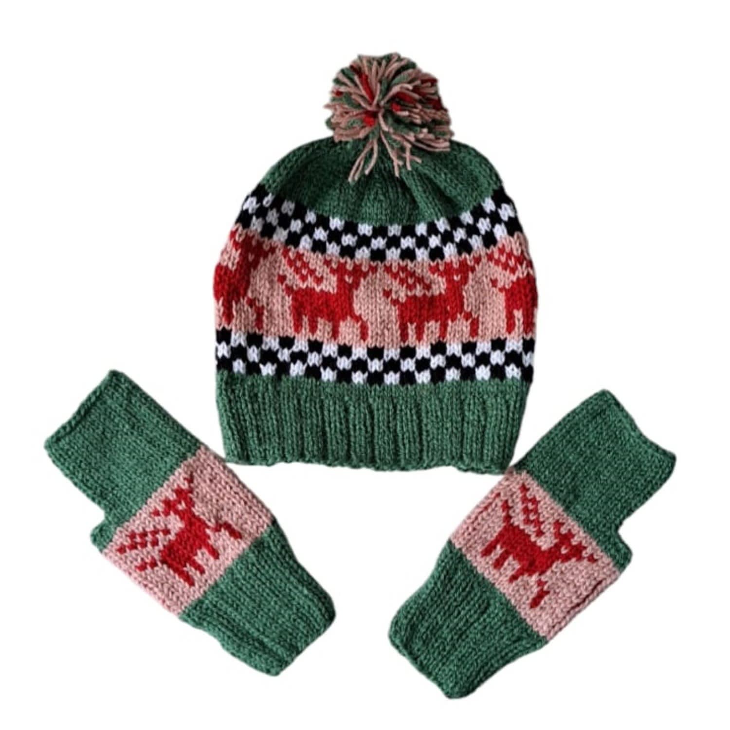 Springmoonatelier Women's Handmade New Year Wool Hat And Glove Set - Green & Pink
